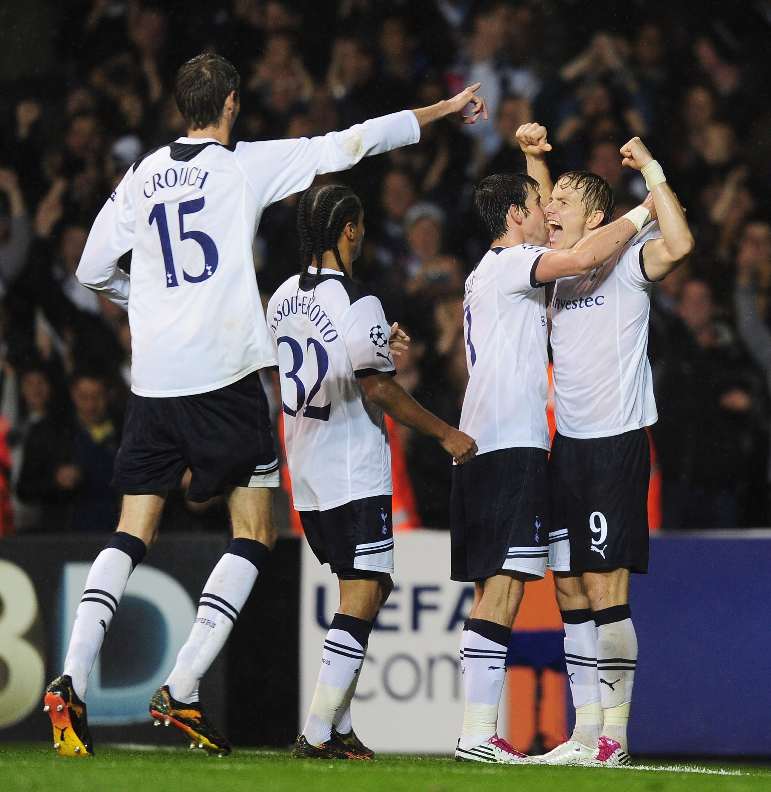 LONDON, ENGLAND - SEPTEMBER 29:  Roman Pavlyuchenko of Tottenham is congratulated bt team mates after scoring his second penalty during the  UEFA Champions League Group A match between Tottenham Hotspur and FC Twente at White Hart Lane on September 29, 20