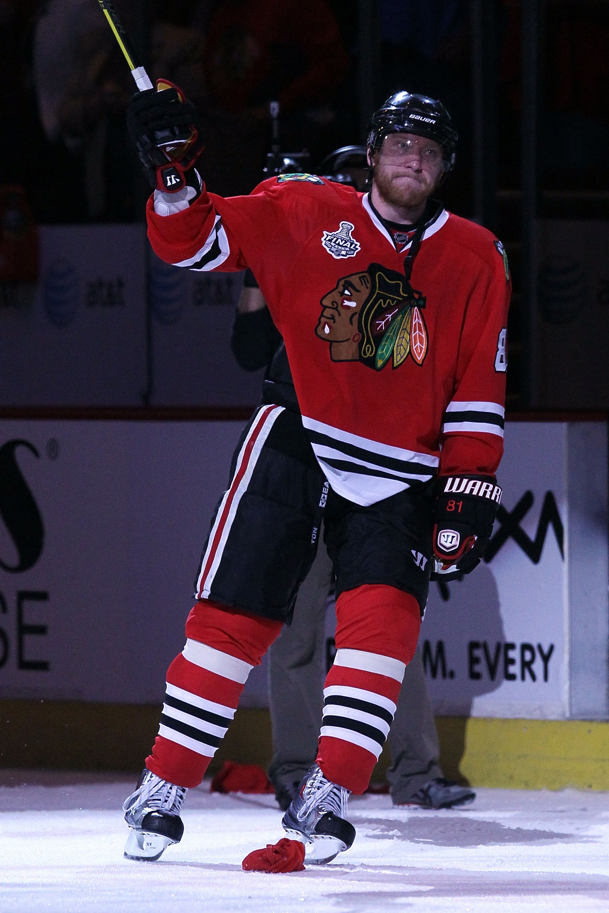 CHICAGO - MAY 31:  Marian Hossa #81 of the Chicago Blackhawks celebrates after defeating the Philadelphia Flyers 2-1 in Game Two of the 2010 NHL Stanley Cup Final at the United Center on May 31, 2010 in Chicago, Illinois.  (Photo by Jim McIsaac/Getty Imag