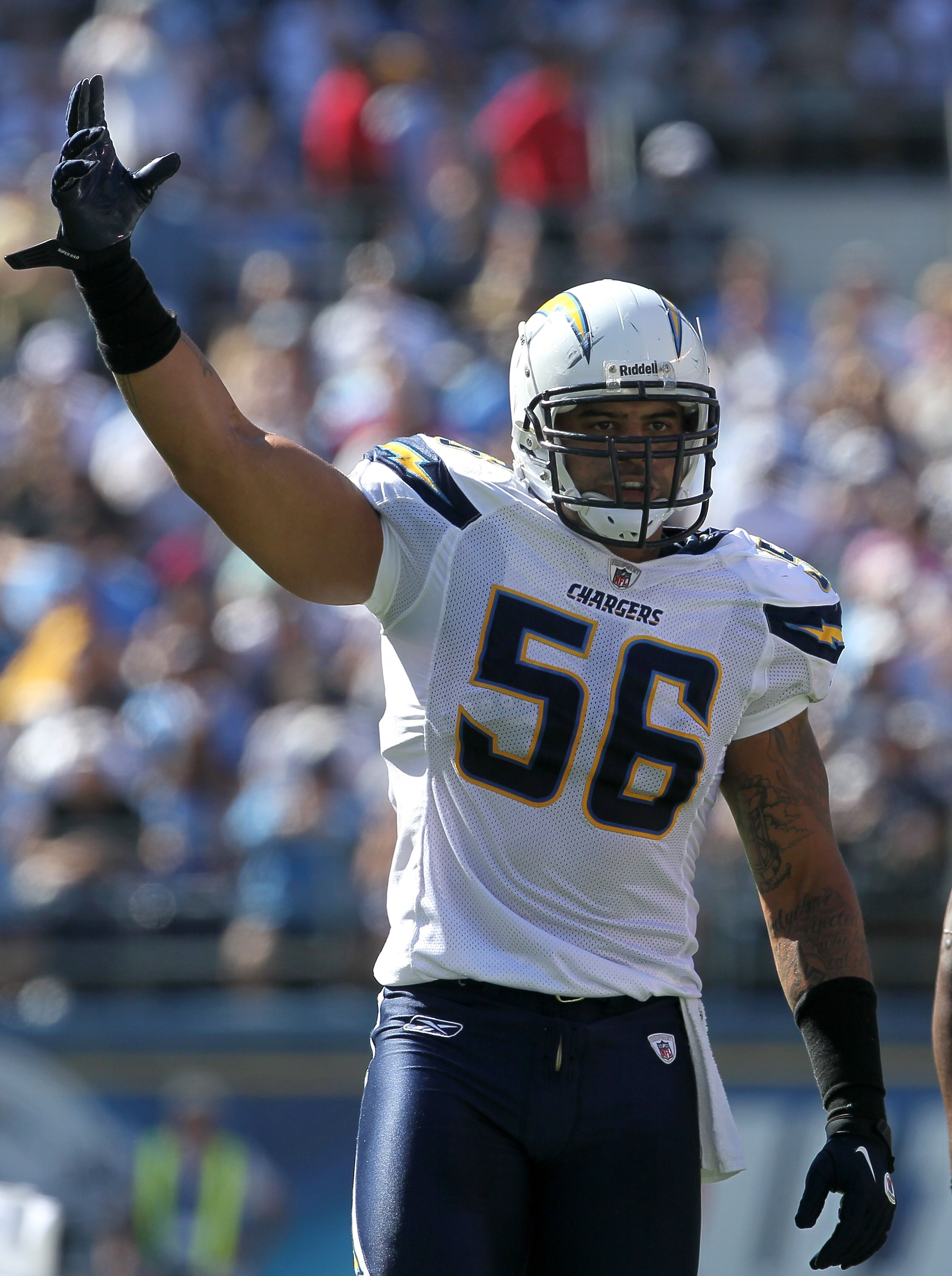 SAN DIEGO - SEPTEMBER 19:  Linebacker Shawne Merriman #56 of the San Diego Chargers signals in the game against the Jacksonville Jaguars at Qualcomm Stadium on September 19, 2010 in San Diego, California. The Chargers won 38-13.  (Photo by Stephen Dunn/Ge