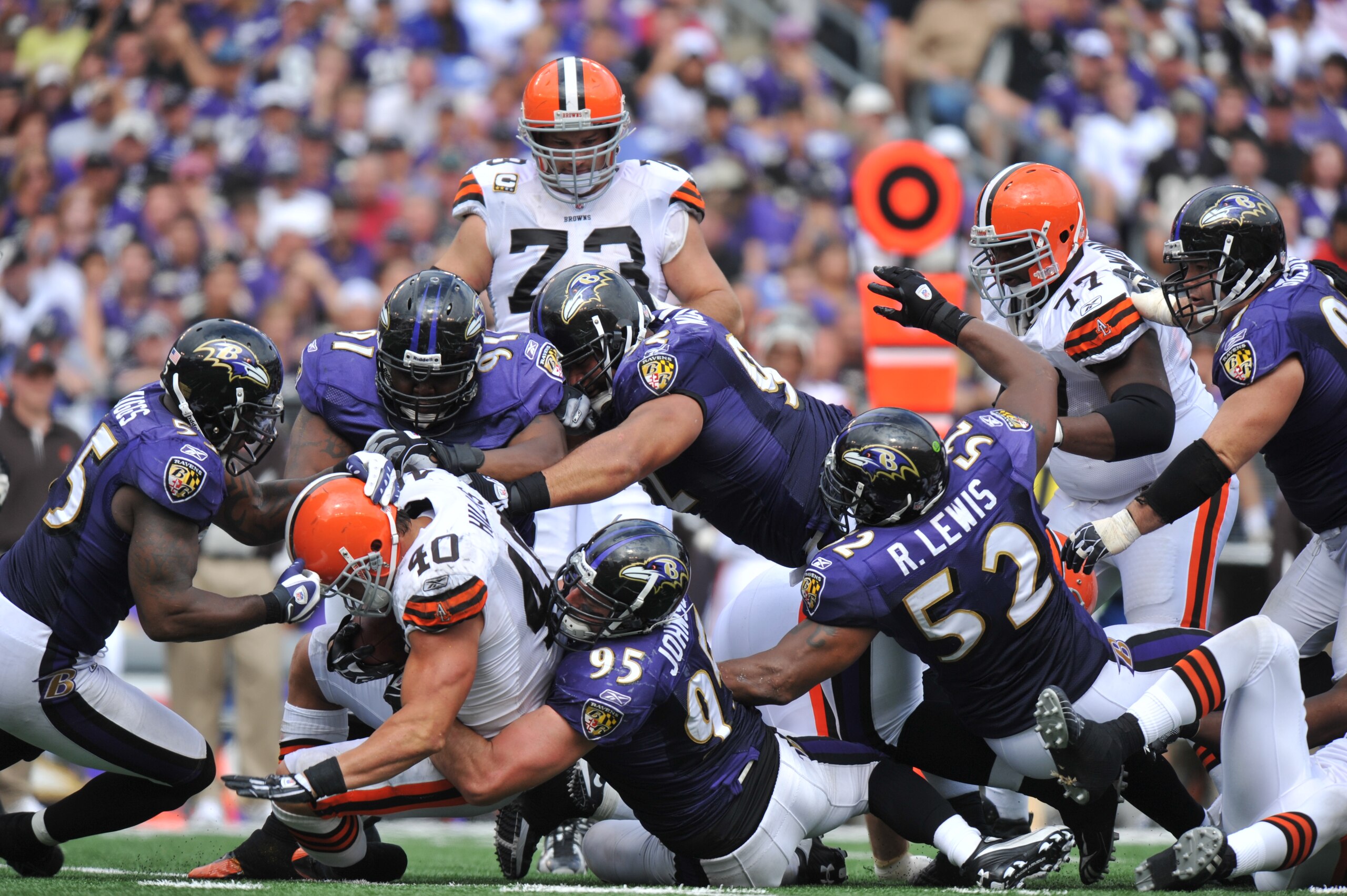 BALTIMORE - SEPTEMBER 26:  Peyton Hills #40 of the Cleveland Browns is stopped by the Baltimore Ravens defense at M&T Bank Stadium on September 26, 2010 in Baltimore, Maryland. The Ravens defeated the Browns 24-17. (Photo by Larry French/Getty Images)