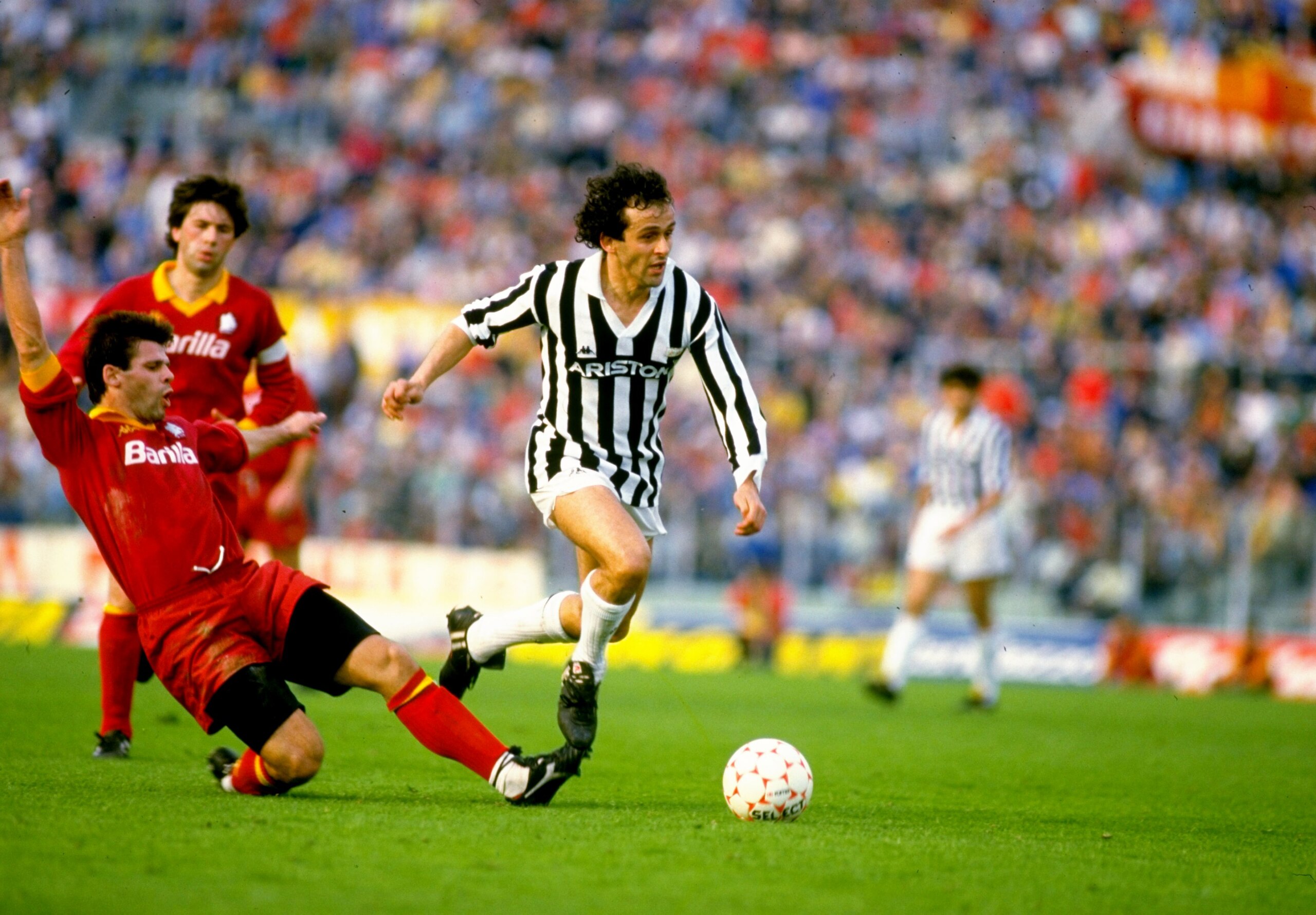Undated: Sebastiano Nela (left) of Roma AS tackles Michel Platini of Juventus during a match at the Delle Alpi Stadium in Turin, Italy. \ Mandatory Credit: Allsport UK /Allsport Undated: Sebastiano Nela (left) of Roma AS tackles Michel Platini of Juventus during a match at the Delle Alpi Stadium in Turin, Italy. \ Mandatory Credit: Allsport UK /Allsport