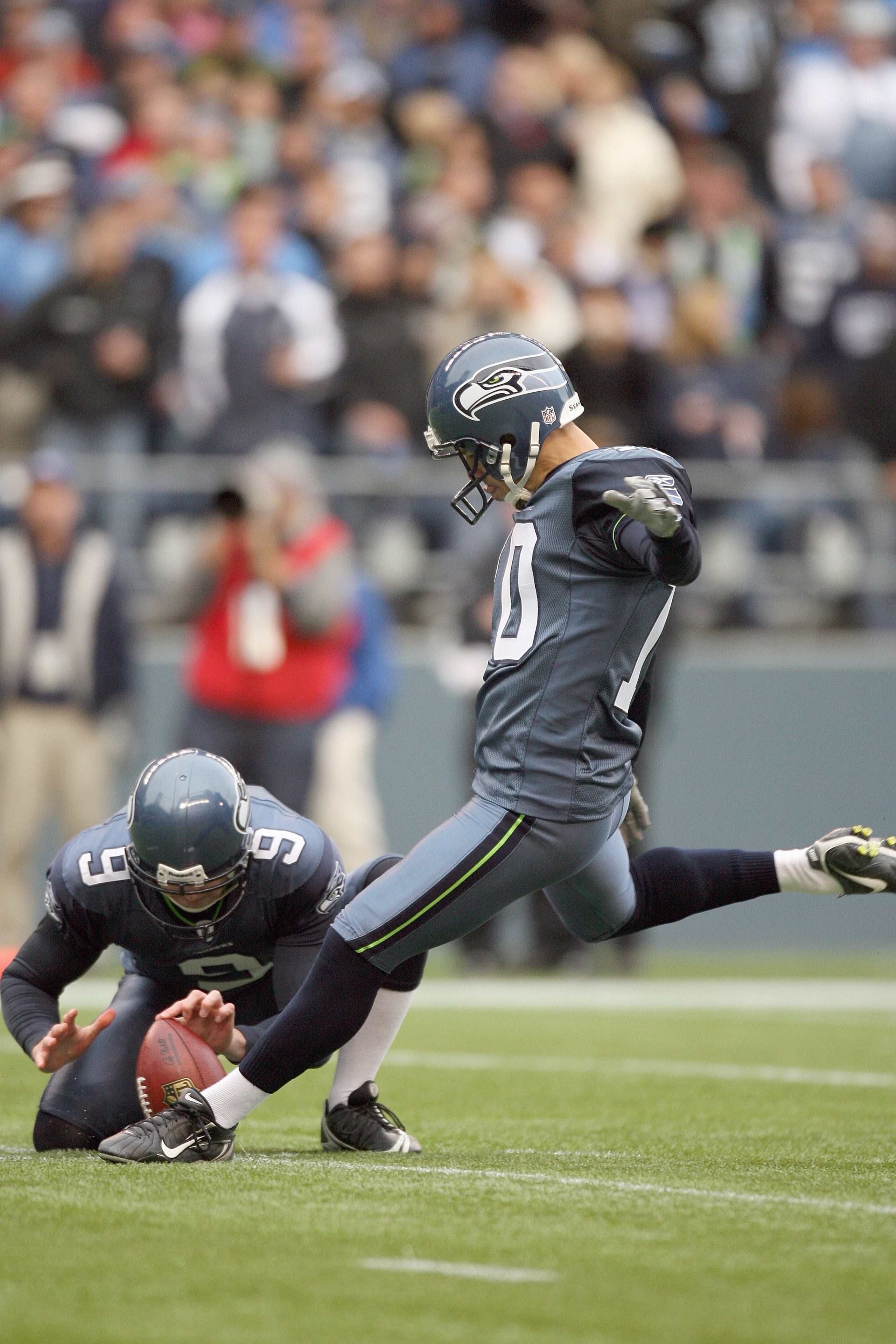SEATTLE - NOVEMBER 08: Olindo Mare #10 of the Seattle Seahawks kicks a field goal against the Detroit Lions on November 8, 2009 at Qwest Field in Seattle, Washington. The Seahawks defeated the Lions 32-20. (Photo by Otto Greule Jr/Getty Images) SEATTLE - NOVEMBER 08: Olindo Mare #10 of the Seattle Seahawks kicks a field goal against the Detroit Lions on November 8, 2009 at Qwest Field in Seattle, Washington. The Seahawks defeated the Lions 32-20. (Photo by Otto Greule Jr/Getty Images)