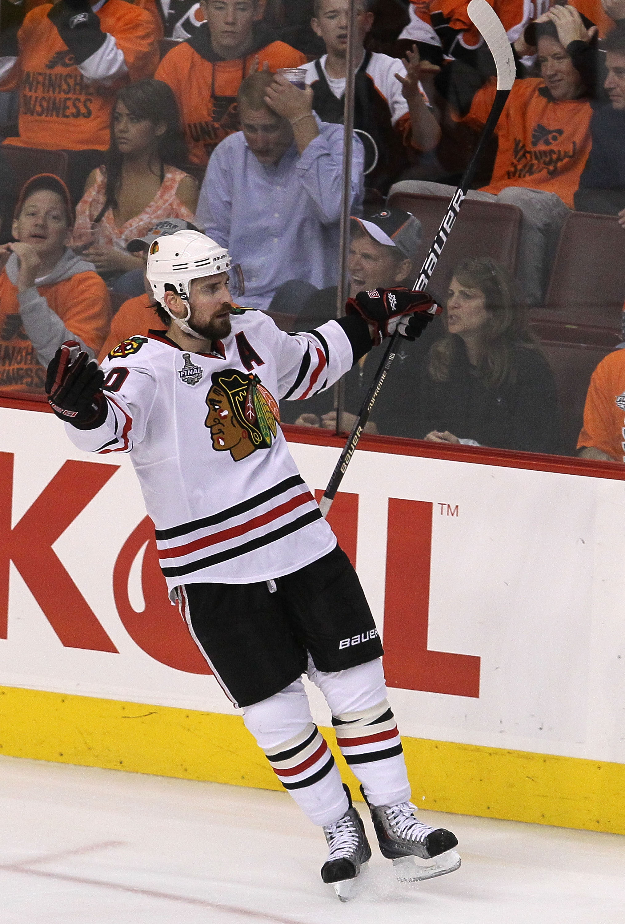 PHILADELPHIA - JUNE 09:  Patrick Sharp #10 of the Chicago Blackhawks celebrates after scoring a goal in the second period against the Philadelphia Flyers in Game Six of the 2010 NHL Stanley Cup Final at the Wachovia Center on June 9, 2010 in Philadelphia,