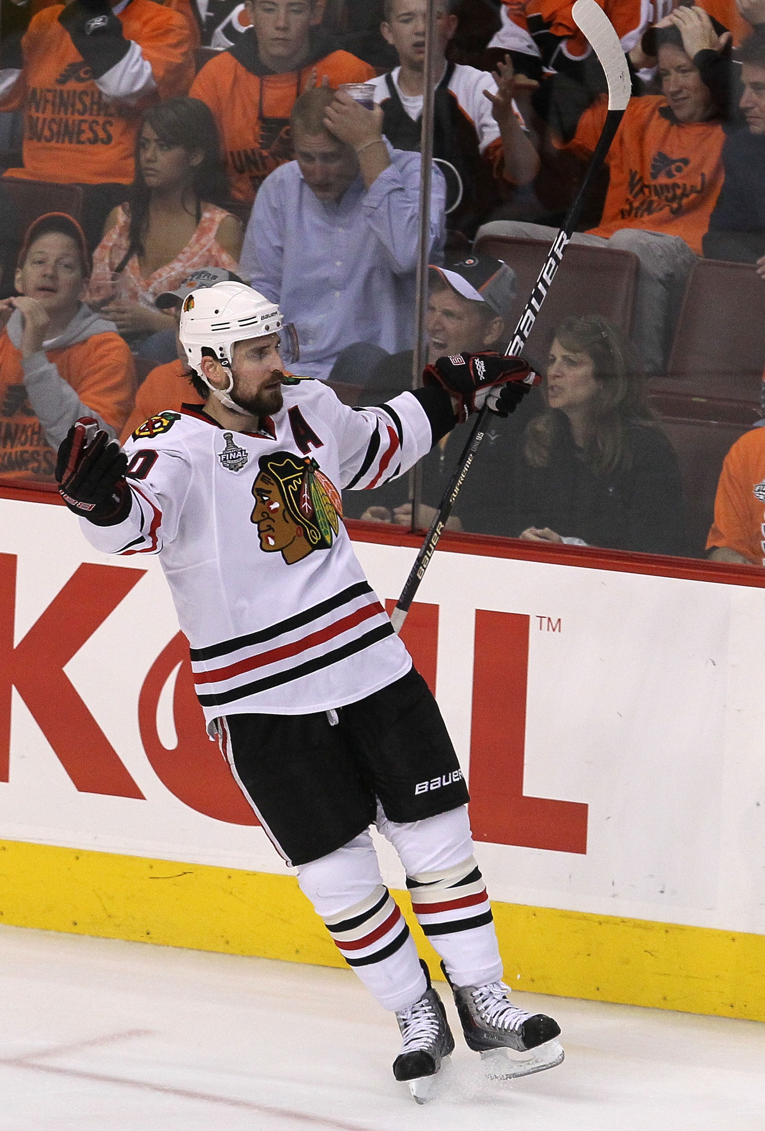 PHILADELPHIA - JUNE 09:  Patrick Sharp #10 of the Chicago Blackhawks celebrates after scoring a goal in the second period against the Philadelphia Flyers in Game Six of the 2010 NHL Stanley Cup Final at the Wachovia Center on June 9, 2010 in Philadelphia,