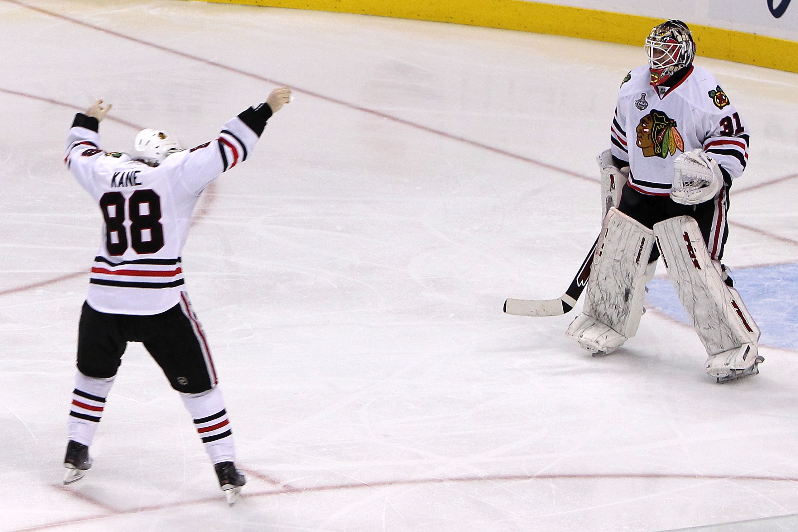 PHILADELPHIA - JUNE 09:  Patrick Kane #88 of the Chicago Blackhawks celebrates with teammate Antti Niemi #31 after scoring a goal in overtime to defeat the Philadelphia Flyers 4-3 and win the Stanley Cup in Game Six of the 2010 NHL Stanley Cup Final at th