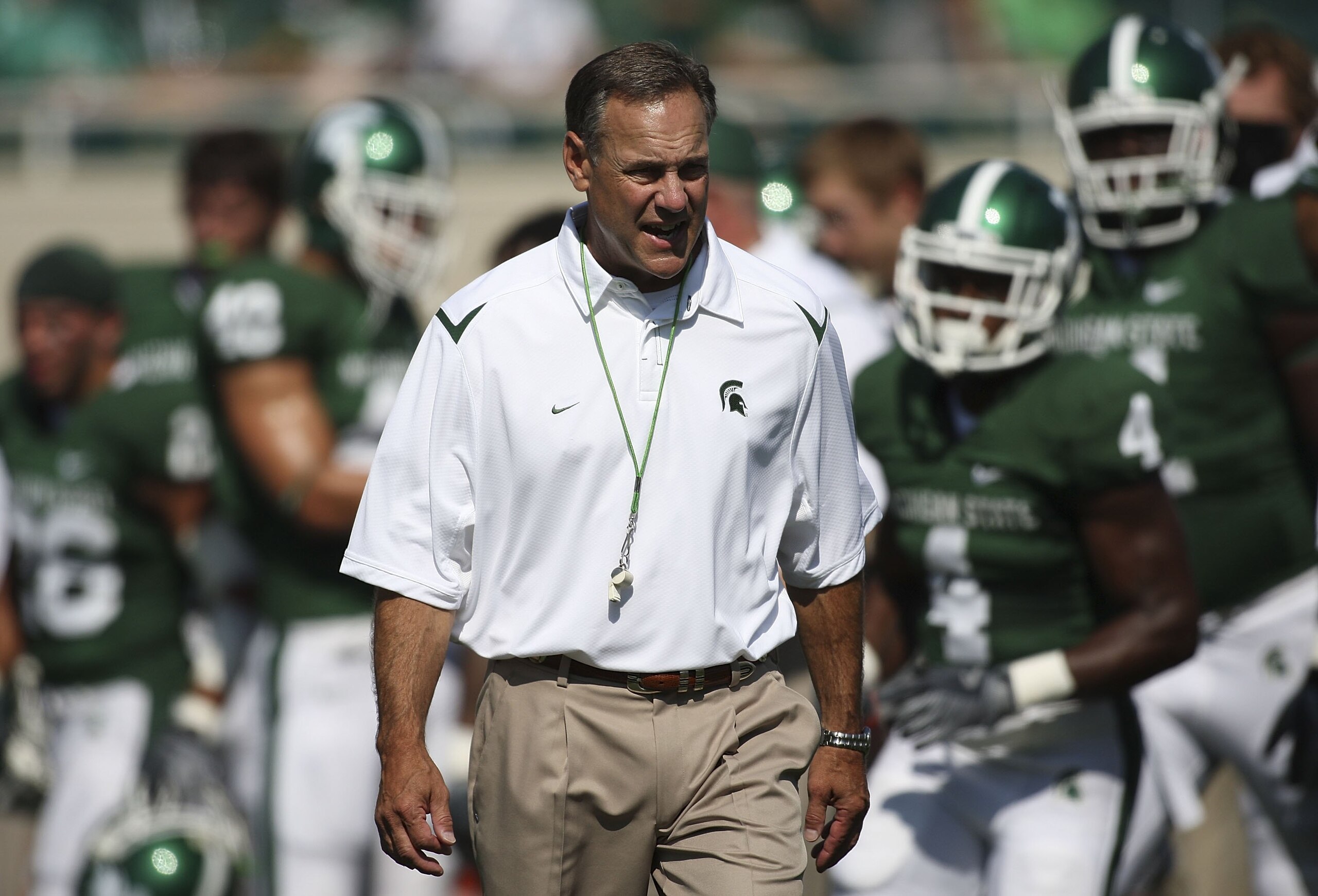 EAST LANSING, MI - SEPTEMBER 05:  Michigan State Spartans head coach Mark Dantonio watches the action during the game against the Montana State Bobcats on September 5, 2009 at Spartan Stadium in East Lansing, Michigan.  (Photo by Leon Halip/Getty Images)