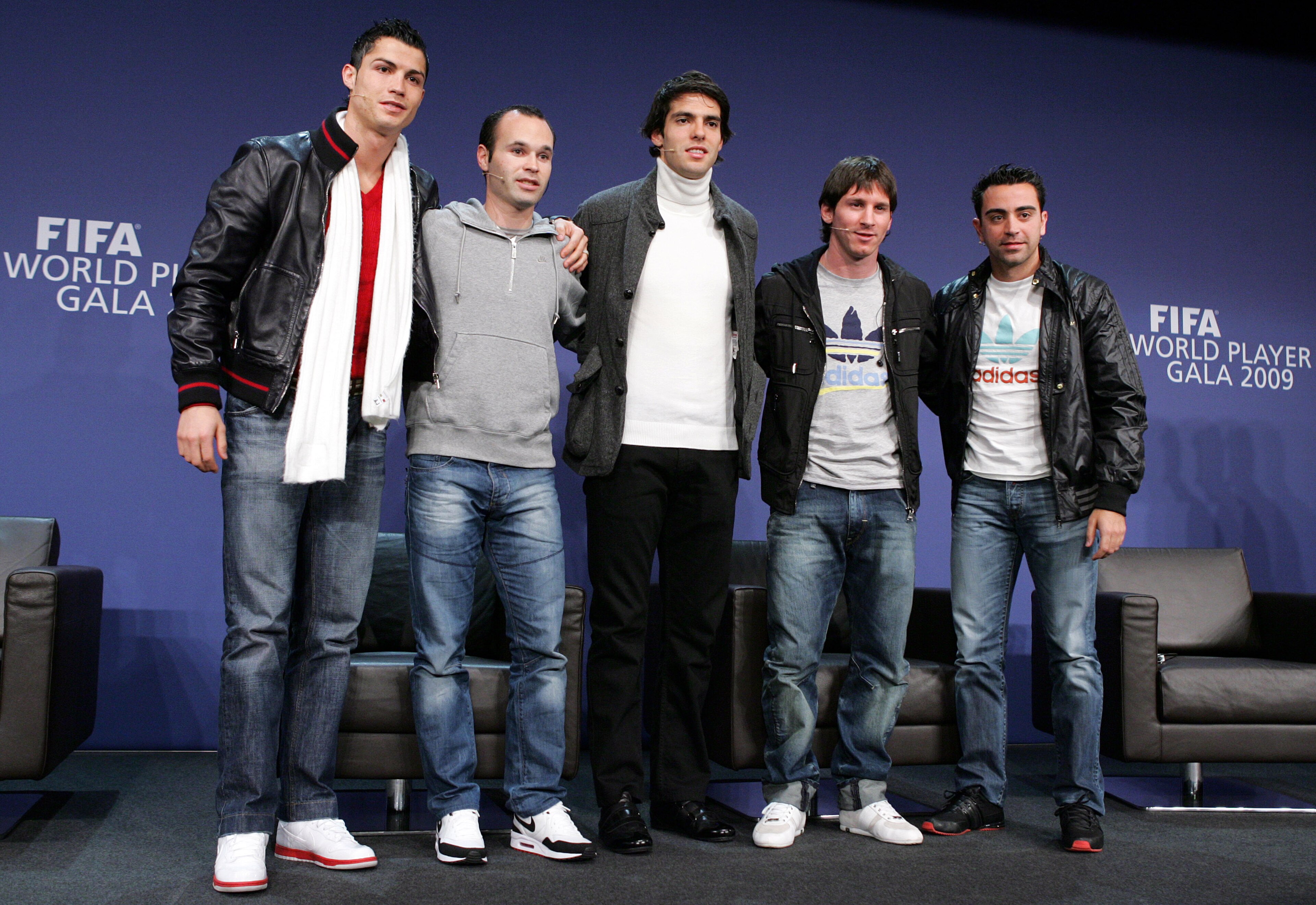 ZURICH - SWITZERLAND - DECEMBER 21: (L-R) Portugal's Cristiano Ronaldo, Spain's Andres Iniesta, Brazil's Kaka, Argentina's Lionel Messi and Spain's Xavi Hernandez during a Press Conference for the FIFA 2009 World Player Of The Year at the Kongresshaus on ZURICH - SWITZERLAND - DECEMBER 21: (L-R) Portugal's Cristiano Ronaldo, Spain's Andres Iniesta, Brazil's Kaka, Argentina's Lionel Messi and Spain's Xavi Hernandez during a Press Conference for the FIFA 2009 World Player Of The Year at the Kongresshaus on