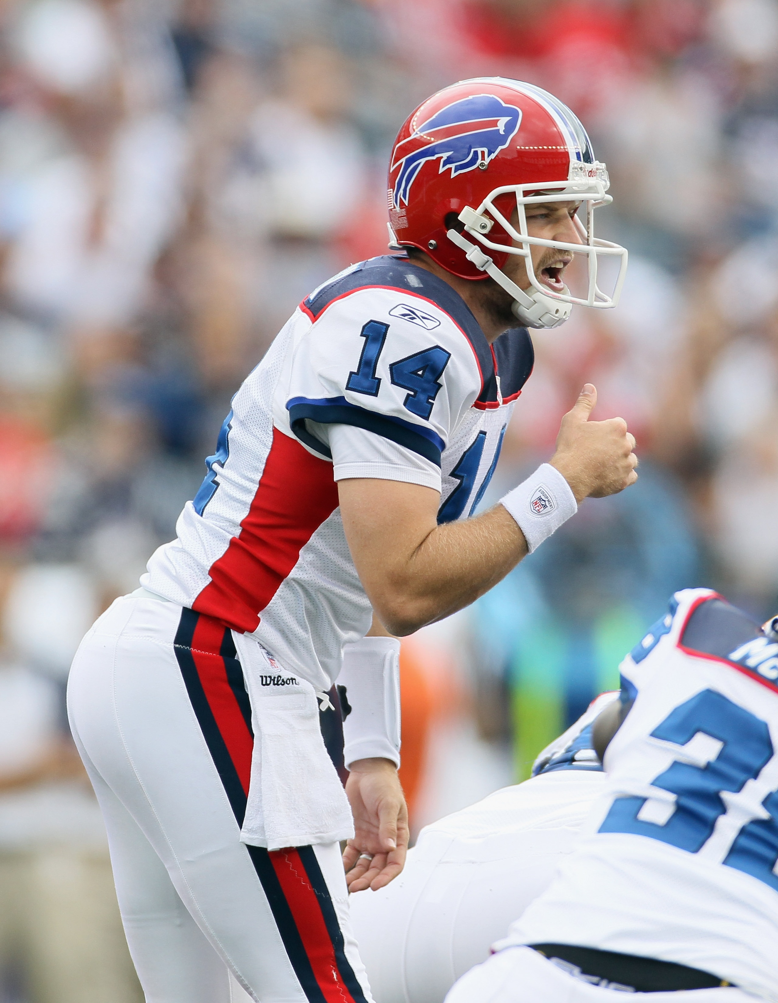 FOXBORO, MA - SEPTEMBER 26:  Ryan Fitzpatrick #14 of the Buffalo Bills calls out the play in the first half against the New England Patriots during on September 26, 2010 at Gillette Stadium in Foxboro, Massachusetts.  (Photo by Elsa/Getty Images)