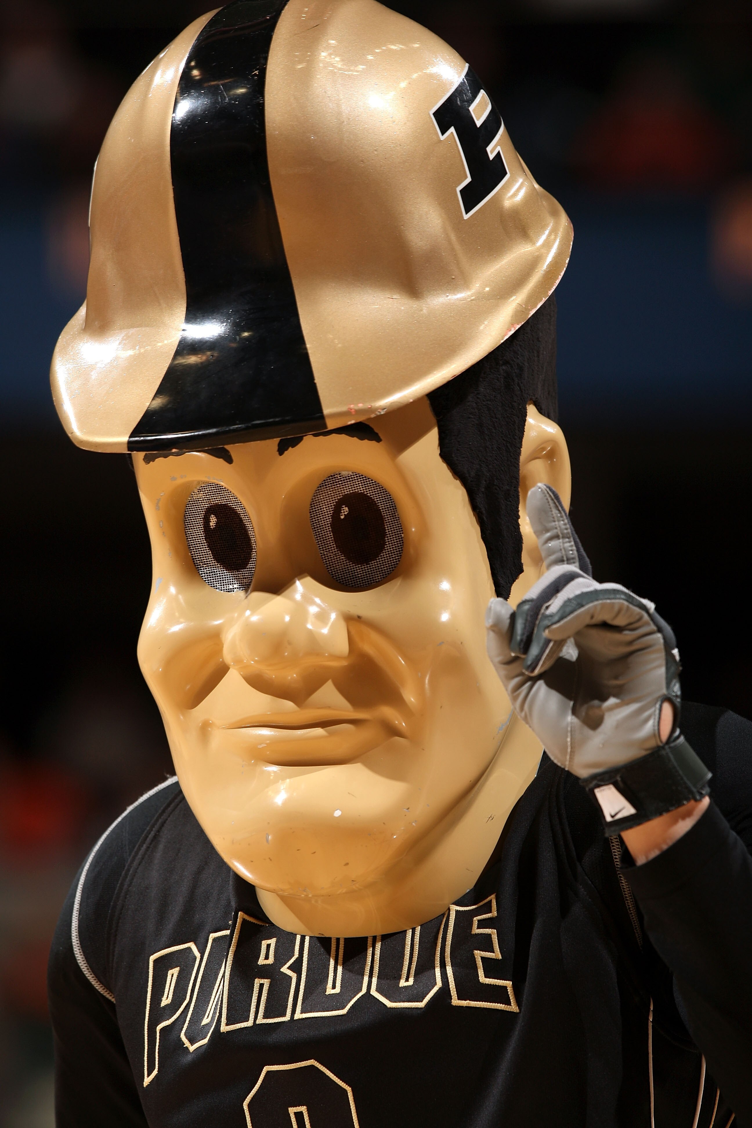 INDIANAPOLIS - MARCH 14:  Purdue Pete, the mascot of the Purdue Boilermakers, gestures the #1 sign against the Illinois Fighting Illini during their semifinal game of the Big Ten Men's Basketball Tournament at Conseco Fieldhouse on March 14, 2009 in India