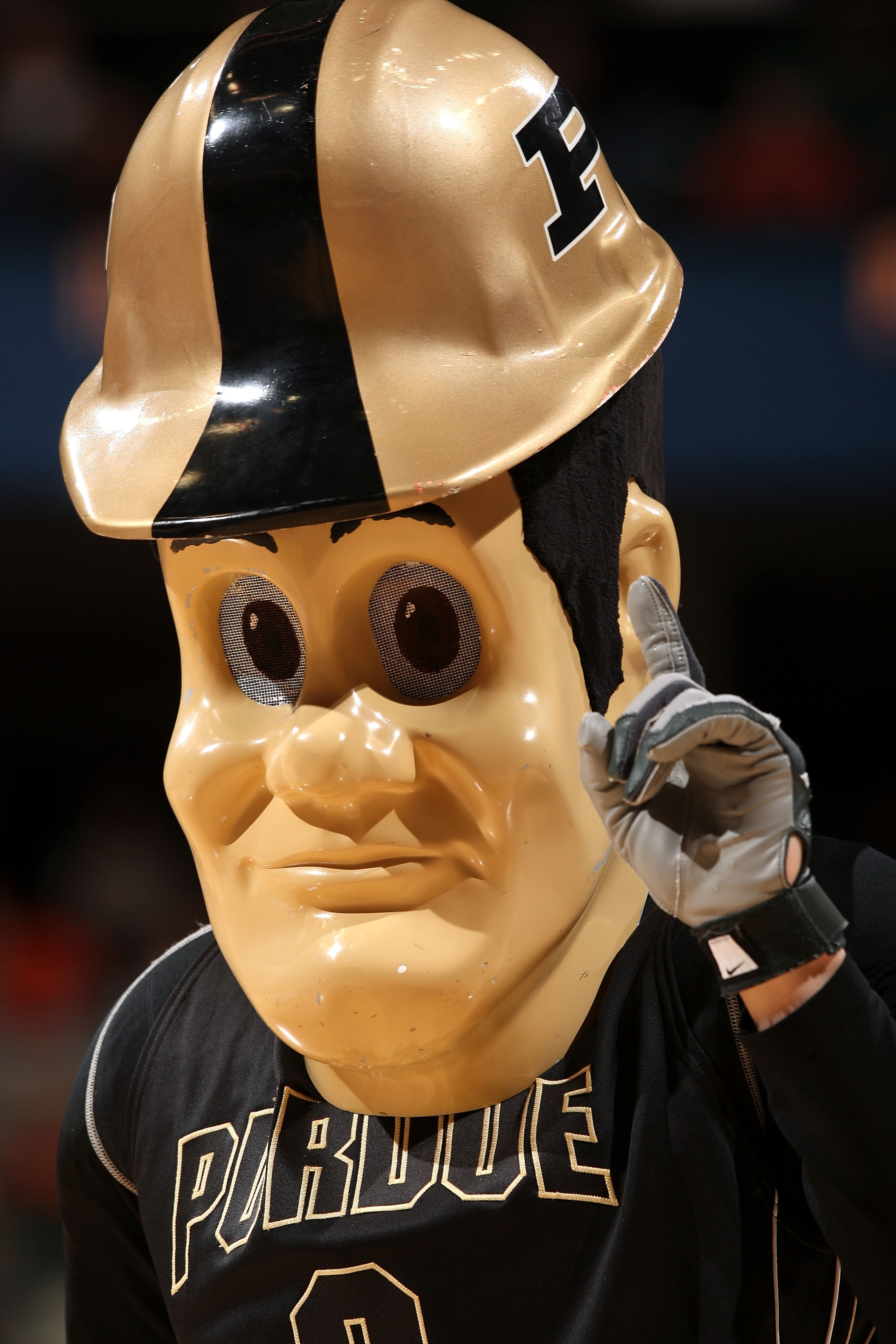 INDIANAPOLIS - MARCH 14:  Purdue Pete, the mascot of the Purdue Boilermakers, gestures the #1 sign against the Illinois Fighting Illini during their semifinal game of the Big Ten Men's Basketball Tournament at Conseco Fieldhouse on March 14, 2009 in India
