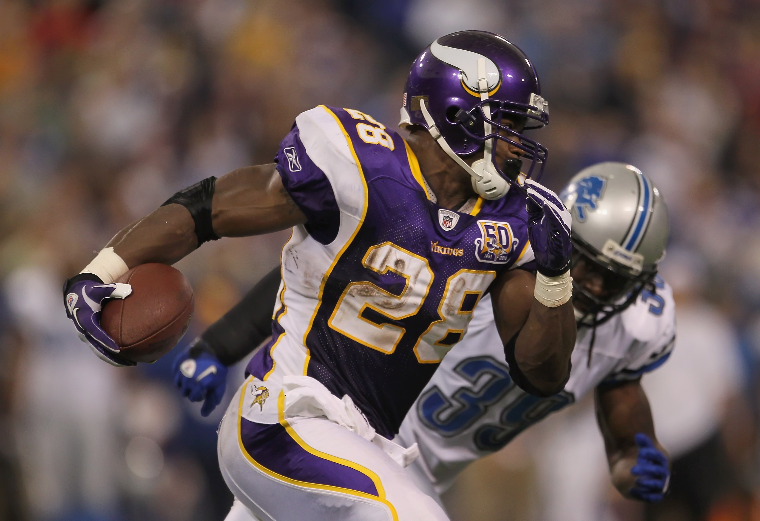 MINNEAPOLIS - SEPTEMBER 26: Running back Adrian Peterson #28 of the Minnesota Vikings carries the ball around C.C. Brown #39 of the Detroit Lions for a touchdown during the second half at Hubert H. Humphrey Metrodome on September 26, 2010 in Minneapolis, MINNEAPOLIS - SEPTEMBER 26: Running back Adrian Peterson #28 of the Minnesota Vikings carries the ball around C.C. Brown #39 of the Detroit Lions for a touchdown during the second half at Hubert H. Humphrey Metrodome on September 26, 2010 in Minneapolis,