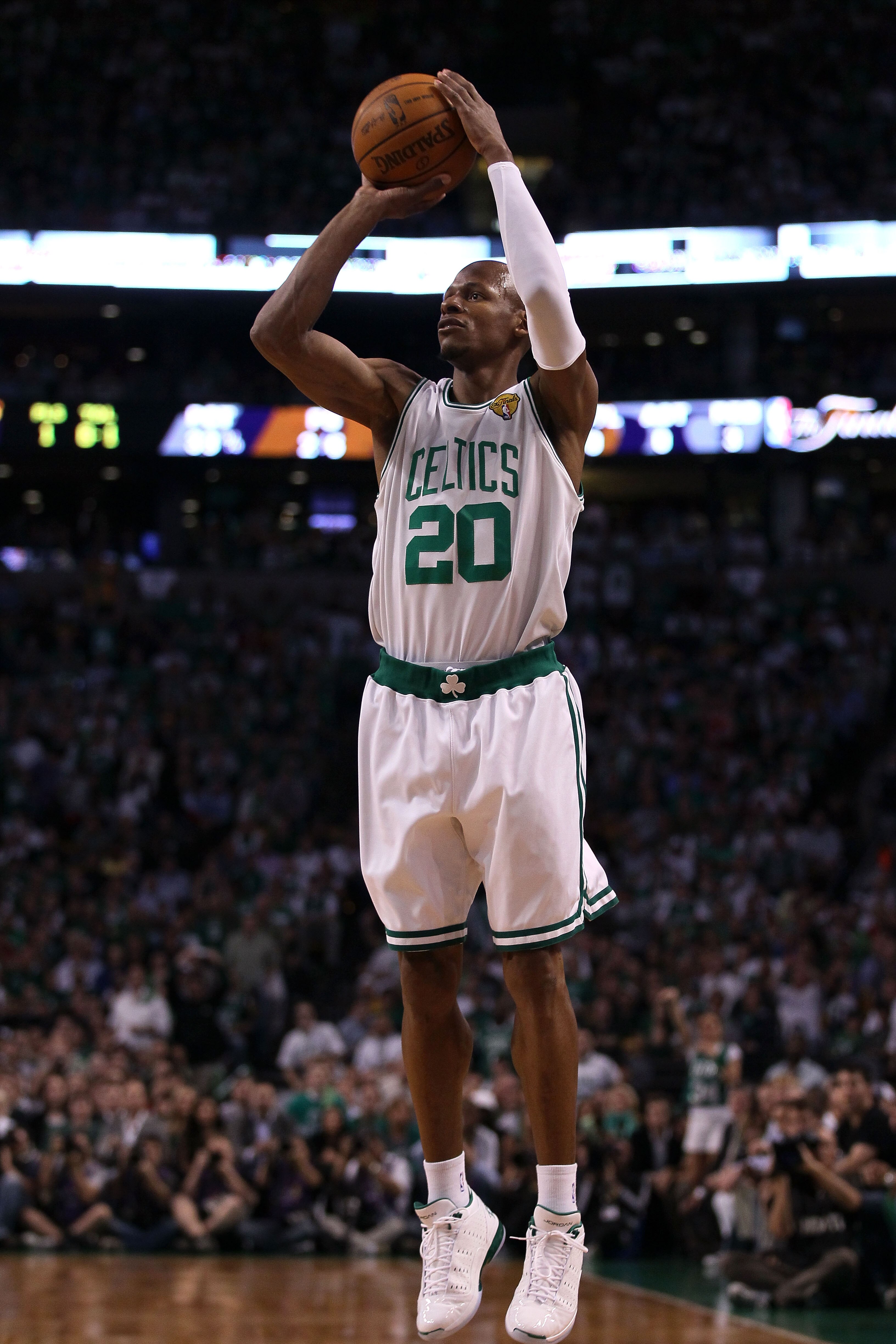 BOSTON - JUNE 08:  Ray Allen #20 of the Boston Celtics attempts a shot in the first quarter against the Los Angeles Lakers in Game Three of the 2010 NBA Finals on June 8, 2010 at TD Garden in Boston, Massachusetts. NOTE TO USER: User expressly acknowledge