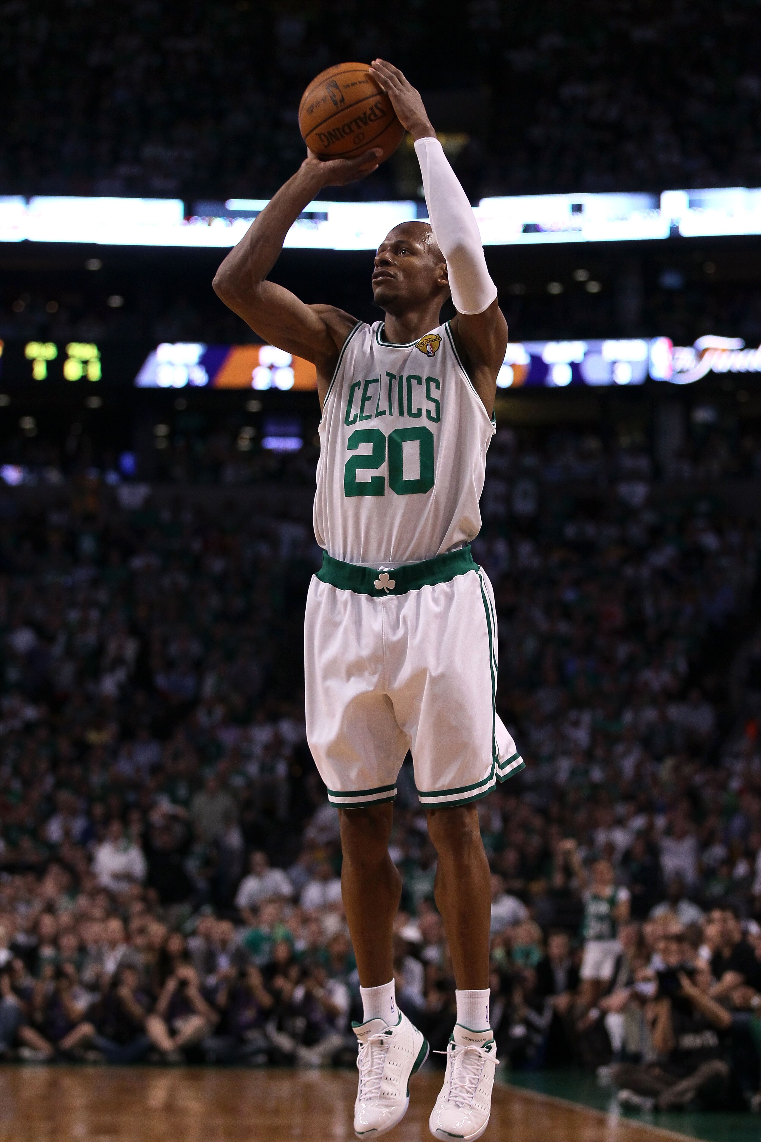 BOSTON - JUNE 08:  Ray Allen #20 of the Boston Celtics attempts a shot in the first quarter against the Los Angeles Lakers in Game Three of the 2010 NBA Finals on June 8, 2010 at TD Garden in Boston, Massachusetts. NOTE TO USER: User expressly acknowledge