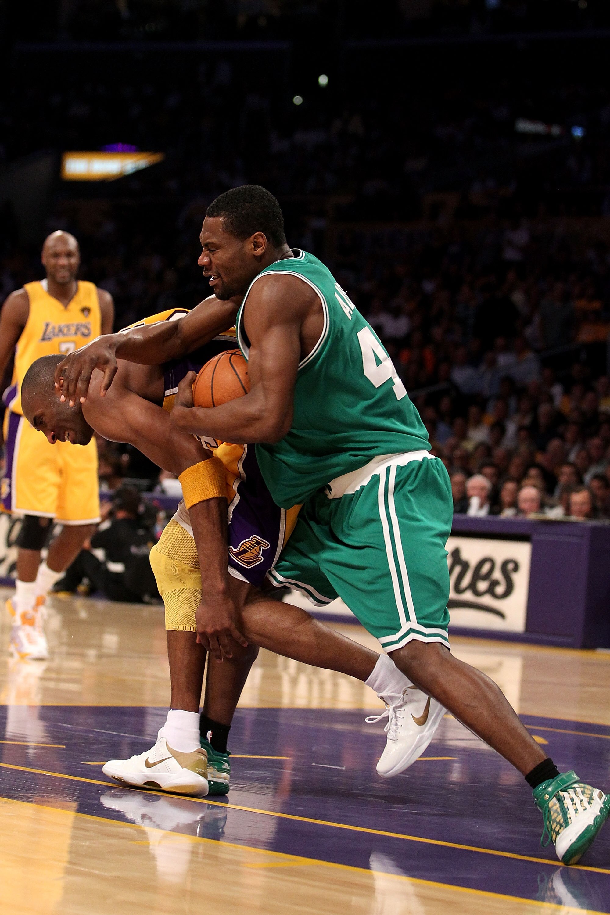 LOS ANGELES, CA - JUNE 15:  Tony Allen #42 of the Boston Celtics fouls Kobe Bryant #24 of the Los Angeles Lakers in the fourth quarter of Game Six of the 2010 NBA Finals at Staples Center on June 15, 2010 in Los Angeles, California.  NOTE TO USER: User ex
