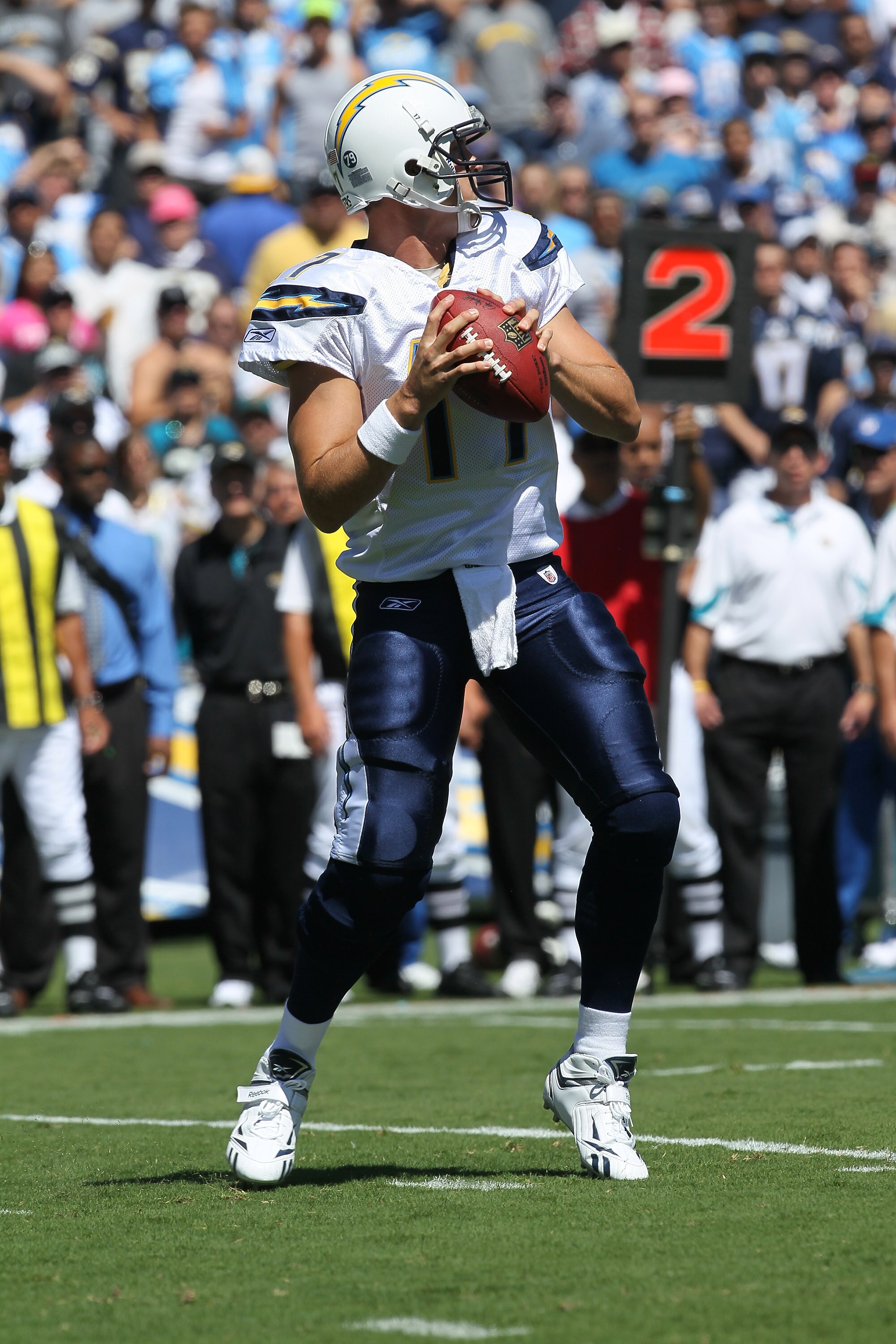 SAN DIEGO - SEPTEMBER 19:  Quarterback Philip Rivers #17 of the San Diego Chargers throws a pass against the Jacksonville Jaguars at Qualcomm Stadium on September 19, 2010 in San Diego, California. The Chargers won 38-13.  (Photo by Stephen Dunn/Getty Ima