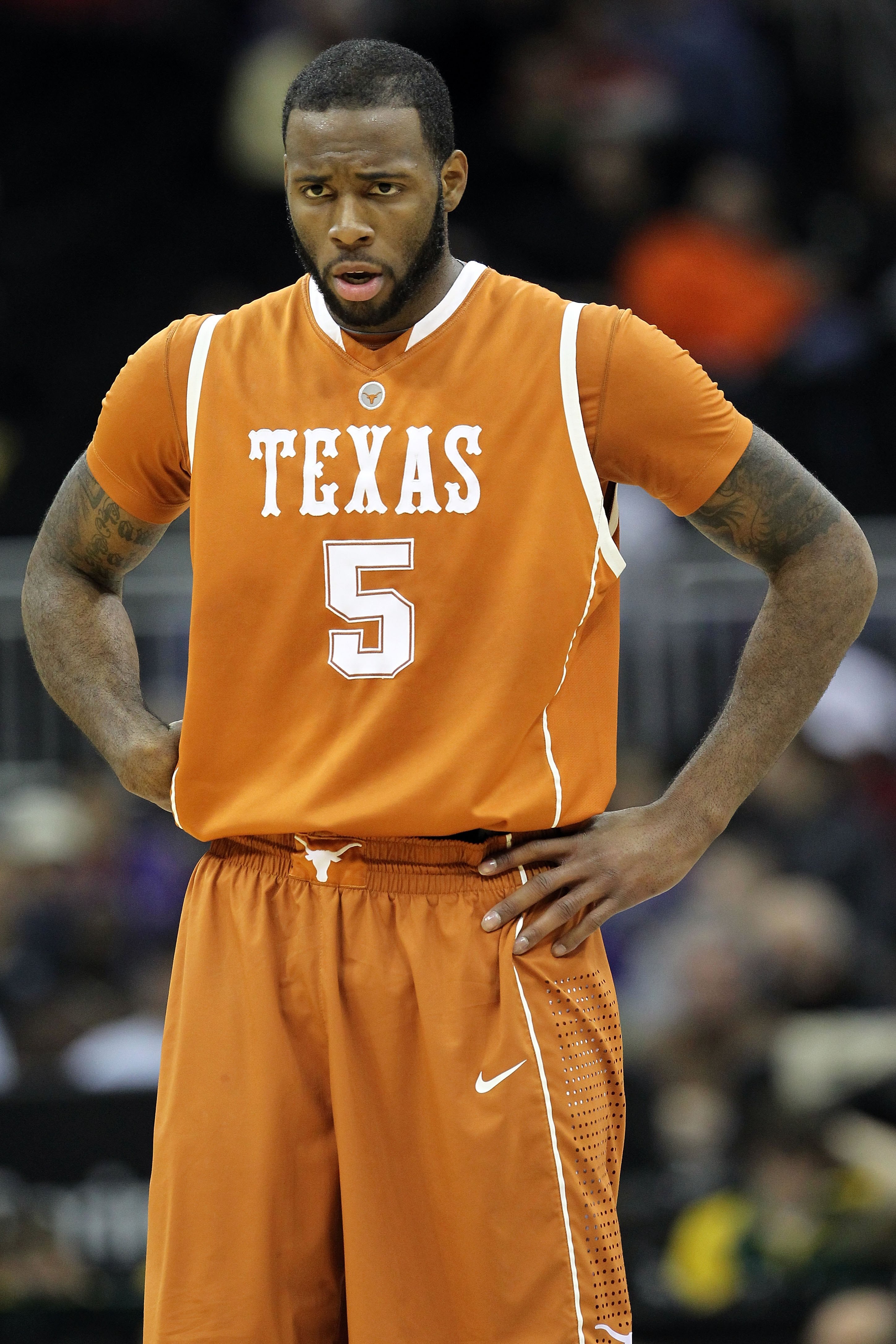 KANSAS CITY, MO - MARCH 11:  Damion James #5 of the Texas Longhorns looks on while taking on the Baylor Bears during the quarterfinals of the 2010 Phillips 66 Big 12 Men's Basketball Tournament at the Sprint Center on March 11, 2010 in Kansas City, Missou