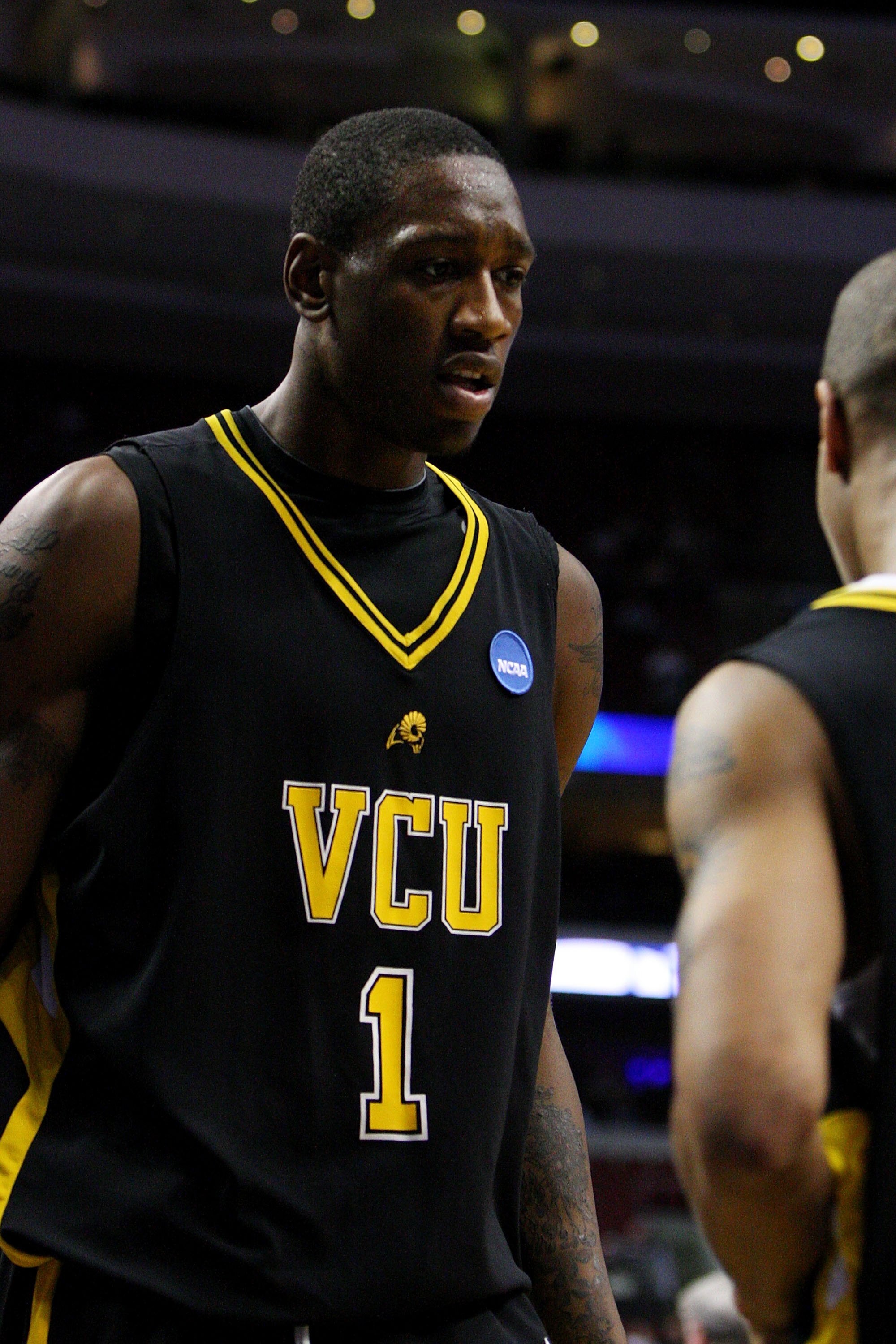 PHILADELPHIA - MARCH 19:  Larry Sanders #1 of the VCU Rams reacts during the game against the UCLA Bruins during the first round of the NCAA Division I Men's Basketball Tournament at the Wachovia Center on March 19, 2009 in Philadelphia, Pennsylvania.  (P