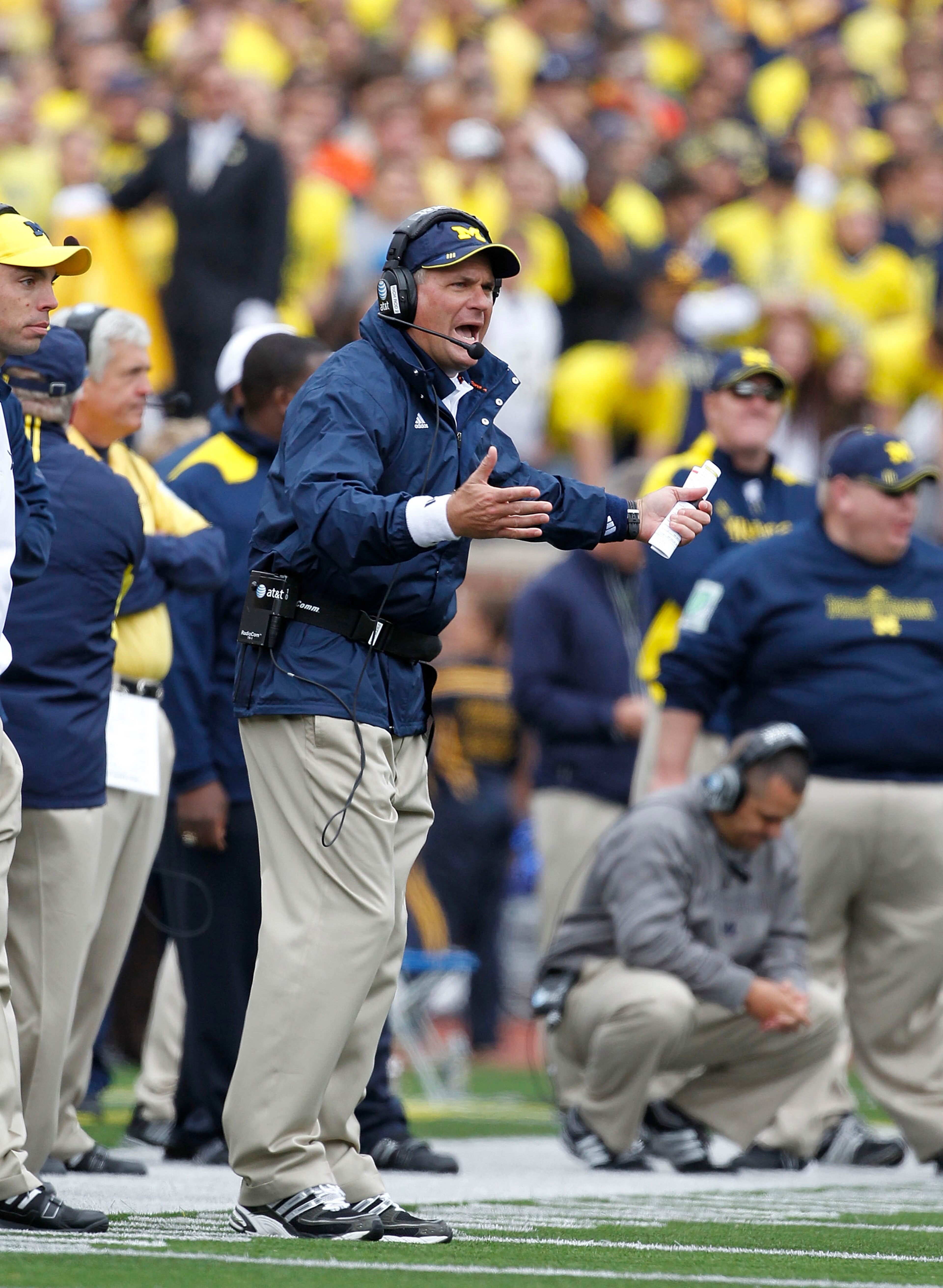 ANN ARBOR, MI - SEPTEMBER 25: Michigan Head Coach Rich Rodriguez reacts to a play during the second quarter of the game against Bowling Green on September 25, 2010 at Michigan Stadium in Ann Arbor, Michigan. Michigan defeated Bowling Green 65-21.  (Photo