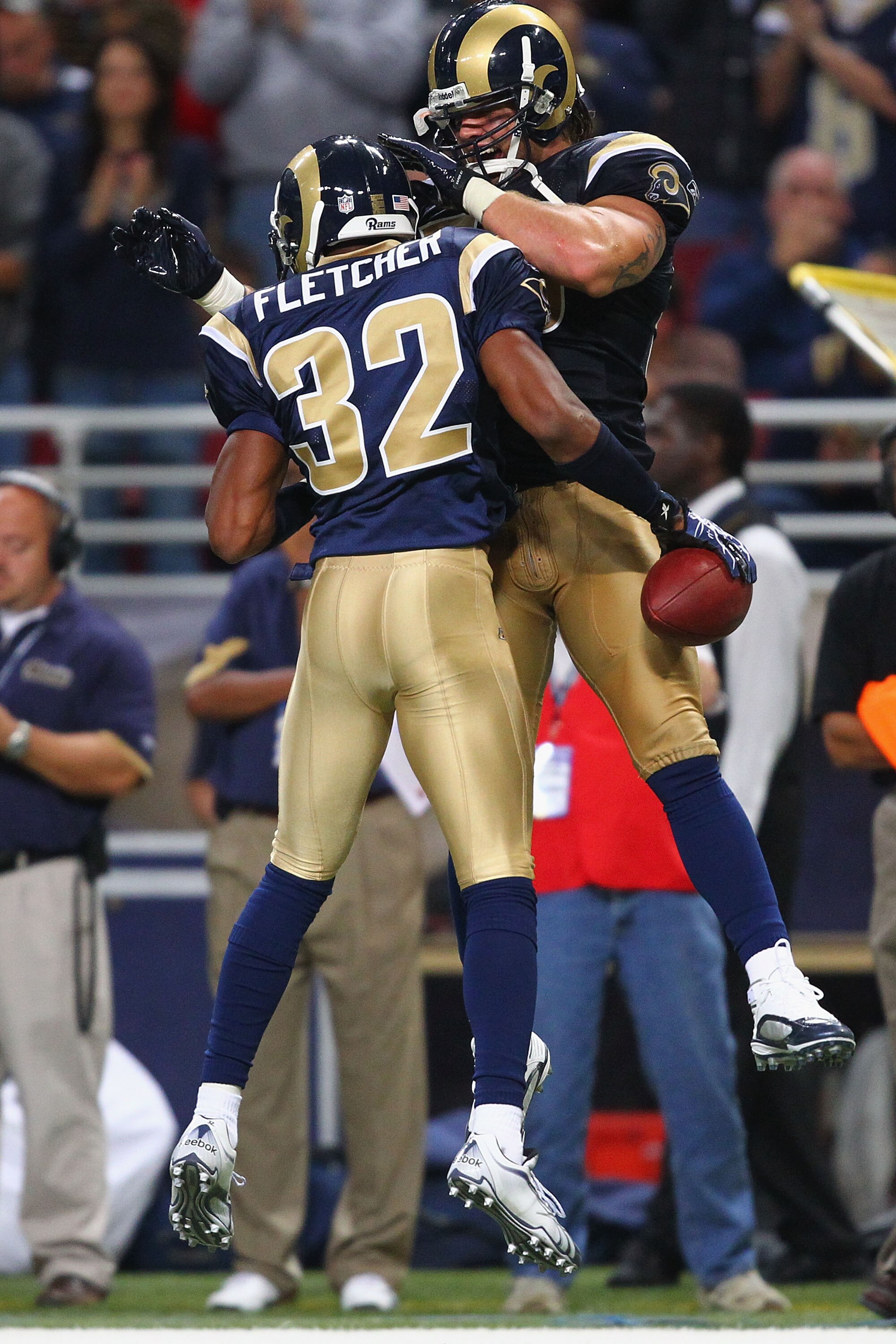 ST. LOUIS - SEPTEMBER 26: Bradley Fletcher #32 of the St. Louis Rams is congratulated by a teammate after intercepting a pass against the Washington Redskins at the Edward Jones Dome on September 26, 2010 in St. Louis, Missouri.  The Rams beat the Redskin