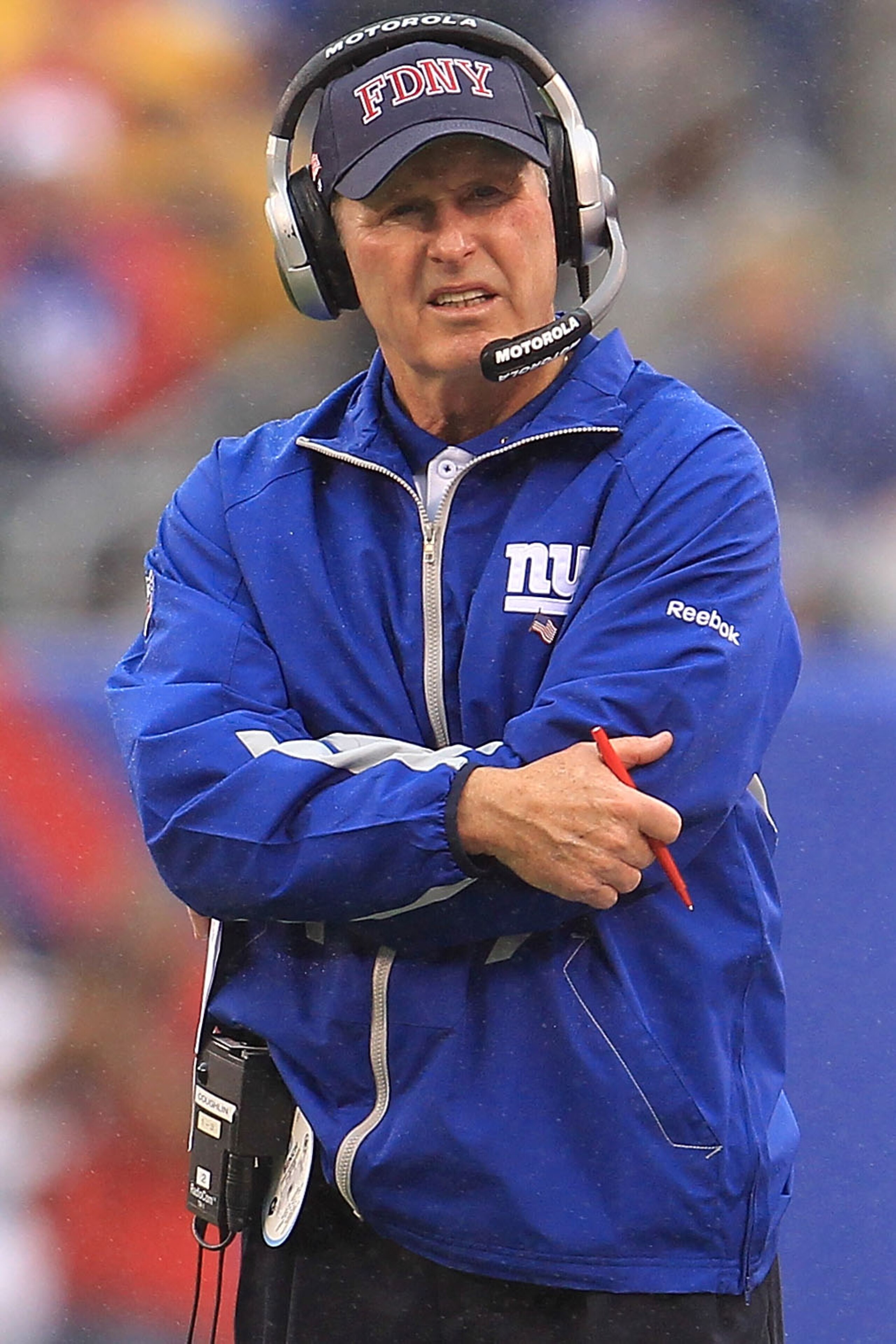 EAST RUTHERFORD, NJ - SEPTEMBER 12:  Head coach Tom Coughlin of the New York Giants watches on against the Carolina Panthers during the NFL season opener at New Meadowlands Stadium on September 12, 2010 in East Rutherford, New Jersey.  (Photo by Chris McG