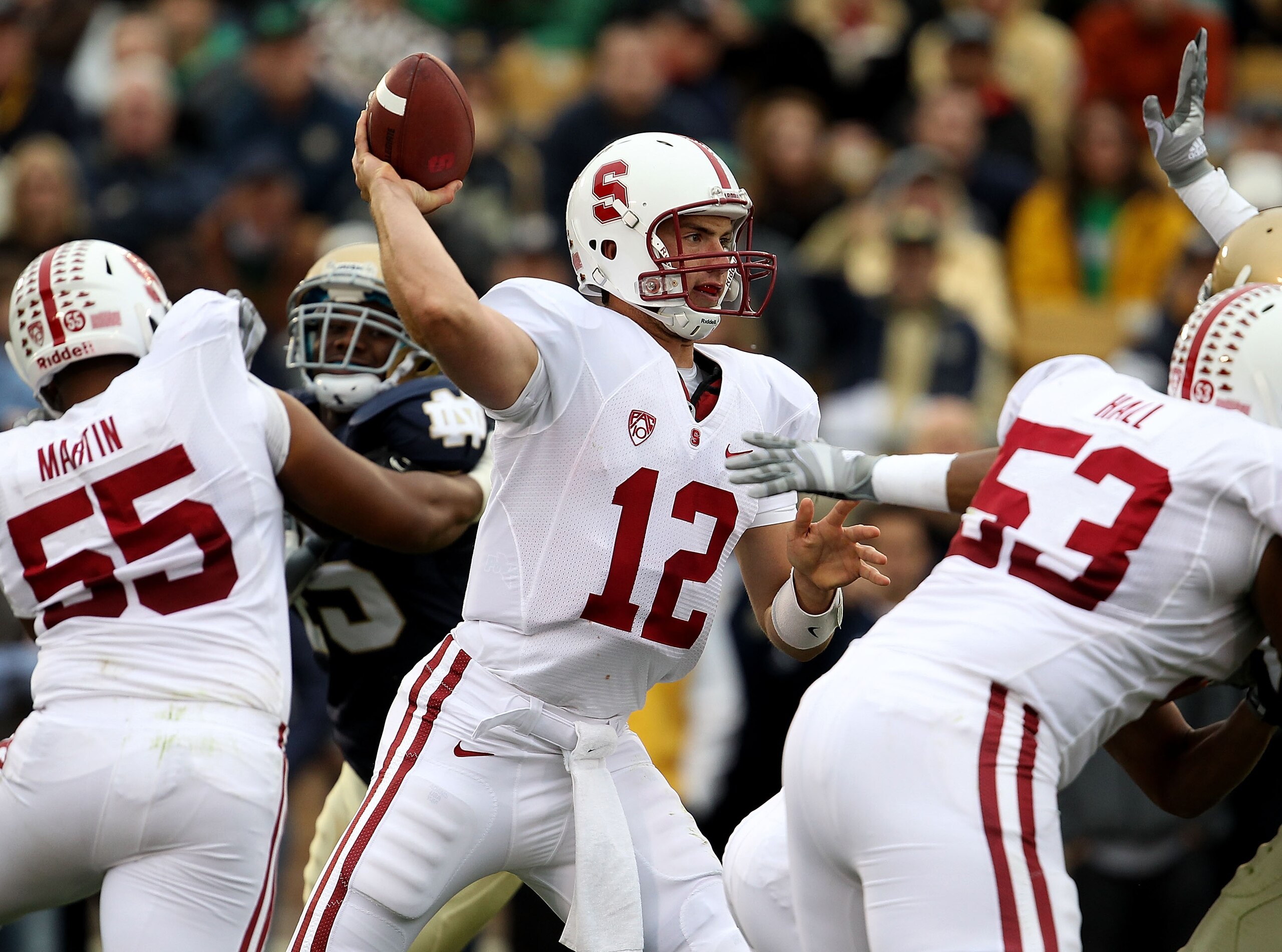 SOUTH BEND, IN - SEPTEMBER 25: Andrew Luck #12 of the Stanford Cardinal passes the ball against the Notre Dame Fighting Irish at Notre Dame Stadium on September 25, 2010 in South Bend, Indiana. (Photo by Jonathan Daniel/Getty Images)