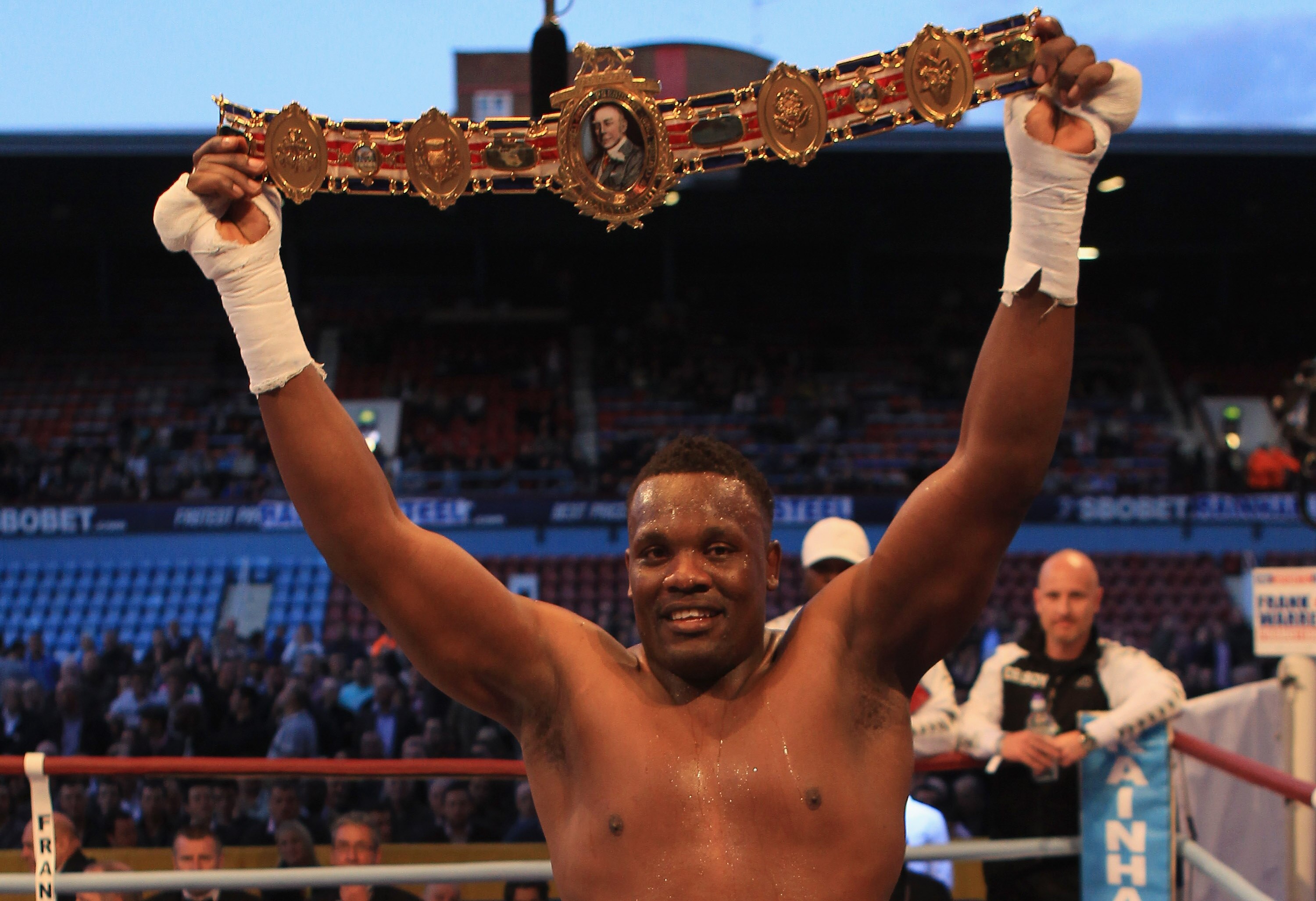 LONDON, ENGLAND - MAY 15:  Derek Chisora celebrates beating Danny Williams for The British Heavyweight Championship at Boleyn Ground on May 15, 2010 in London, England.  (Photo by Warren Little/Getty Images)