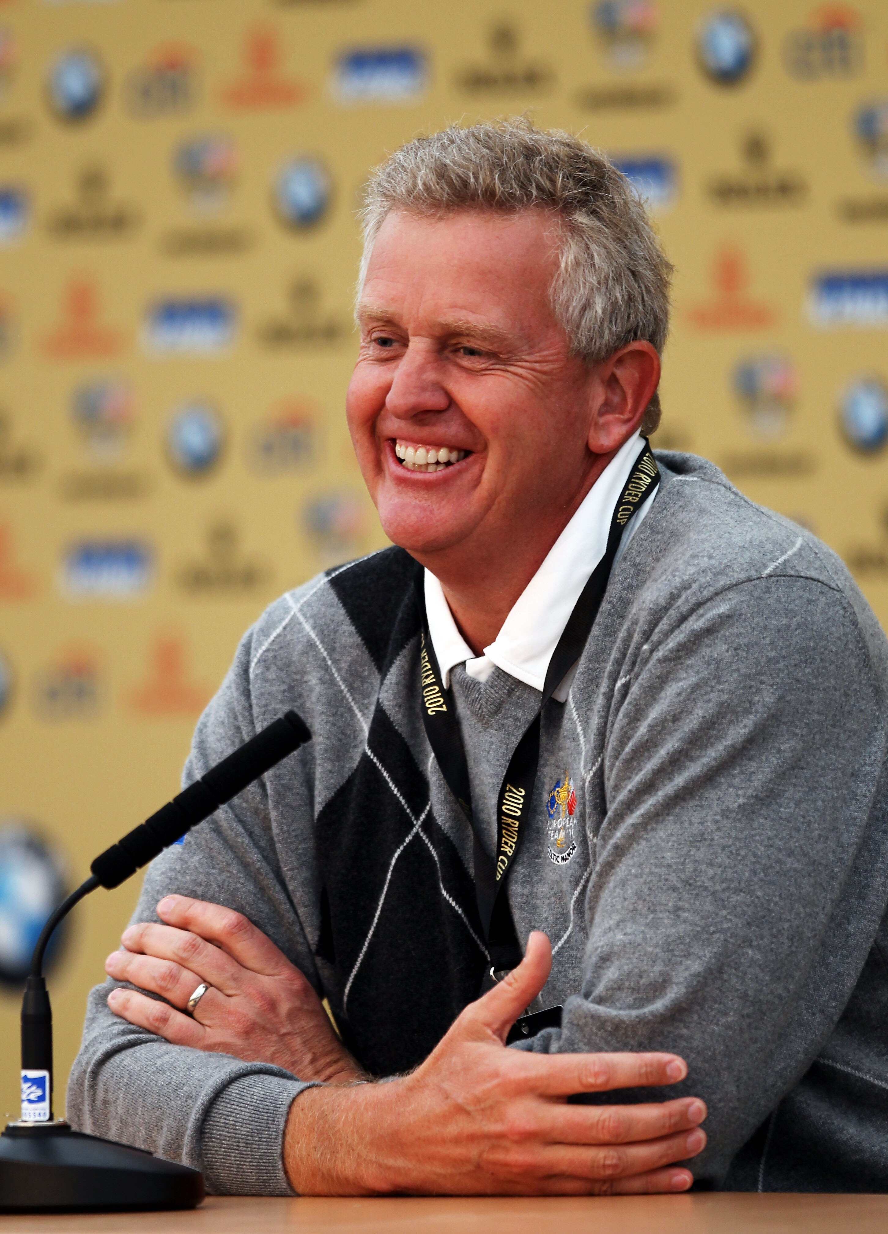 NEWPORT, WALES - SEPTEMBER 28:  Europe Team Captain Colin Montgomerie answers questions from the media at a press conference following a practice round prior to the 2010 Ryder Cup at the Celtic Manor Resort on September 28, 2010 in Newport, Wales.  (Photo