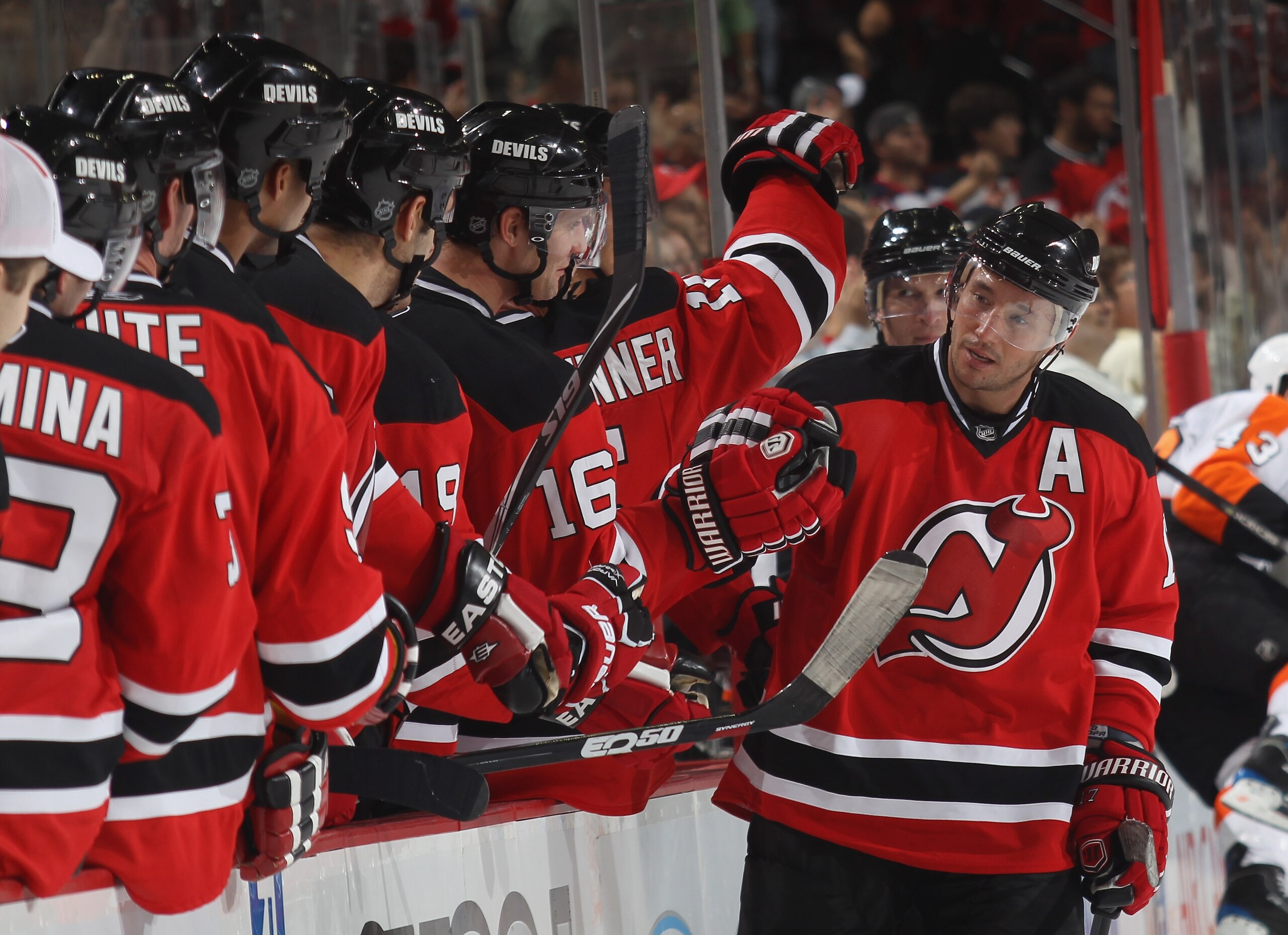 NEWARK, NJ - SEPTEMBER 28: Ilya Kovalchuk #17 of the New Jersey Devils scores the game winning goal at 17:41 of the third period to defeat the Philadelphia Flyers 3-2 at the Prudential Center on September 28, 2010 in Newark, New Jersey. (Photo by Bruce Be