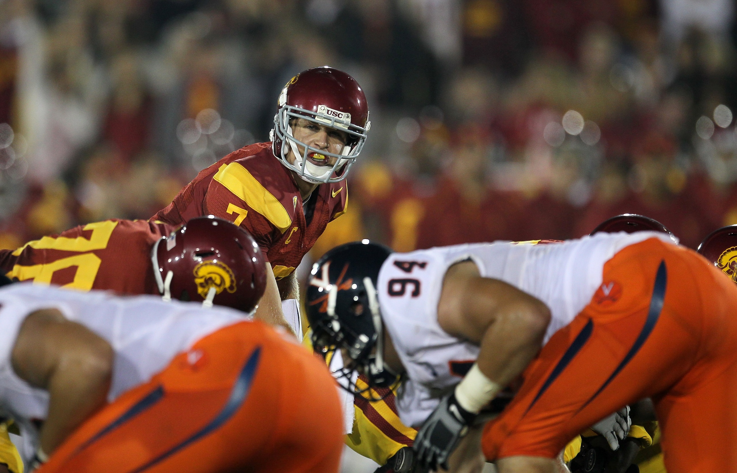 LOS ANGELES, CA - SEPTEMBER 11:  Quarterback Matt Barkley #7 of the USC Trojans calls signals against the Virginia Cavaliers at Los Angeles Memorial Coliseum on September 11, 2010 in Los Angeles, California. USC won 17-14.  (Photo by Stephen Dunn/Getty Im
