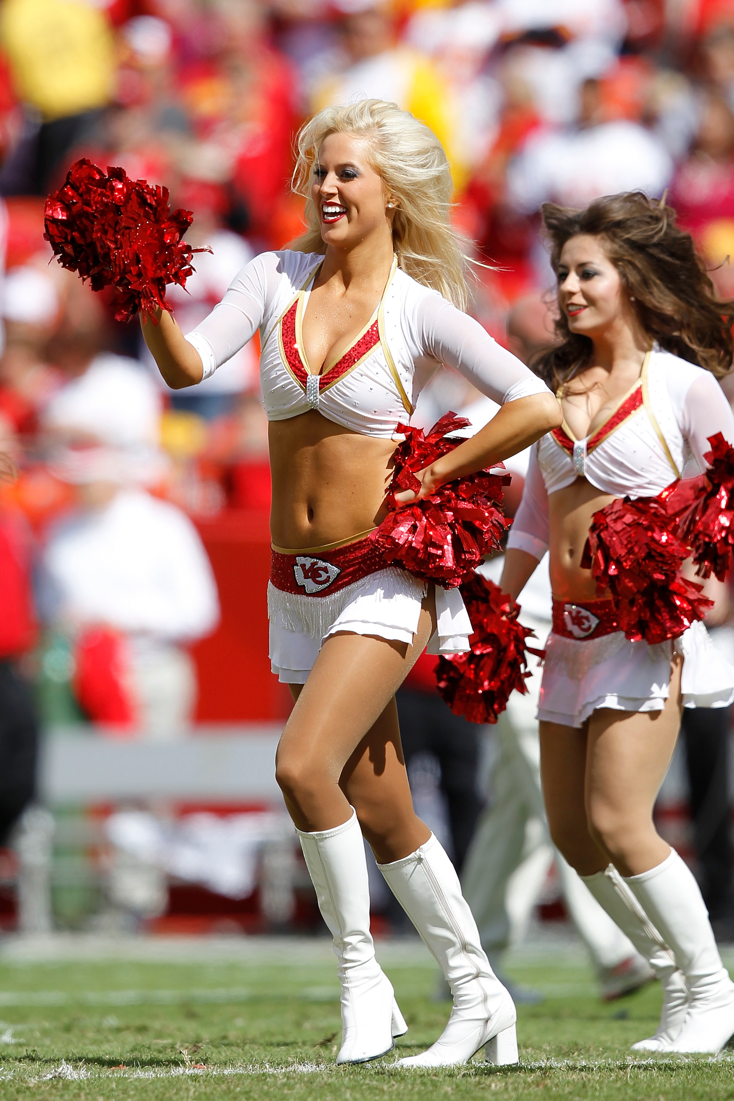 KANSAS CITY, MO - SEPTEMBER 26: A Kansas City Chiefs cheerleader dances during a timeout in the game against the San Francisco 49ers at Arrowhead Stadium on September 26, 2010 in Kansas City, Missouri. The Chiefs won 31-10. (Photo by Joe Robbins/Getty Ima KANSAS CITY, MO - SEPTEMBER 26: A Kansas City Chiefs cheerleader dances during a timeout in the game against the San Francisco 49ers at Arrowhead Stadium on September 26, 2010 in Kansas City, Missouri. The Chiefs won 31-10. (Photo by Joe Robbins/Getty Ima