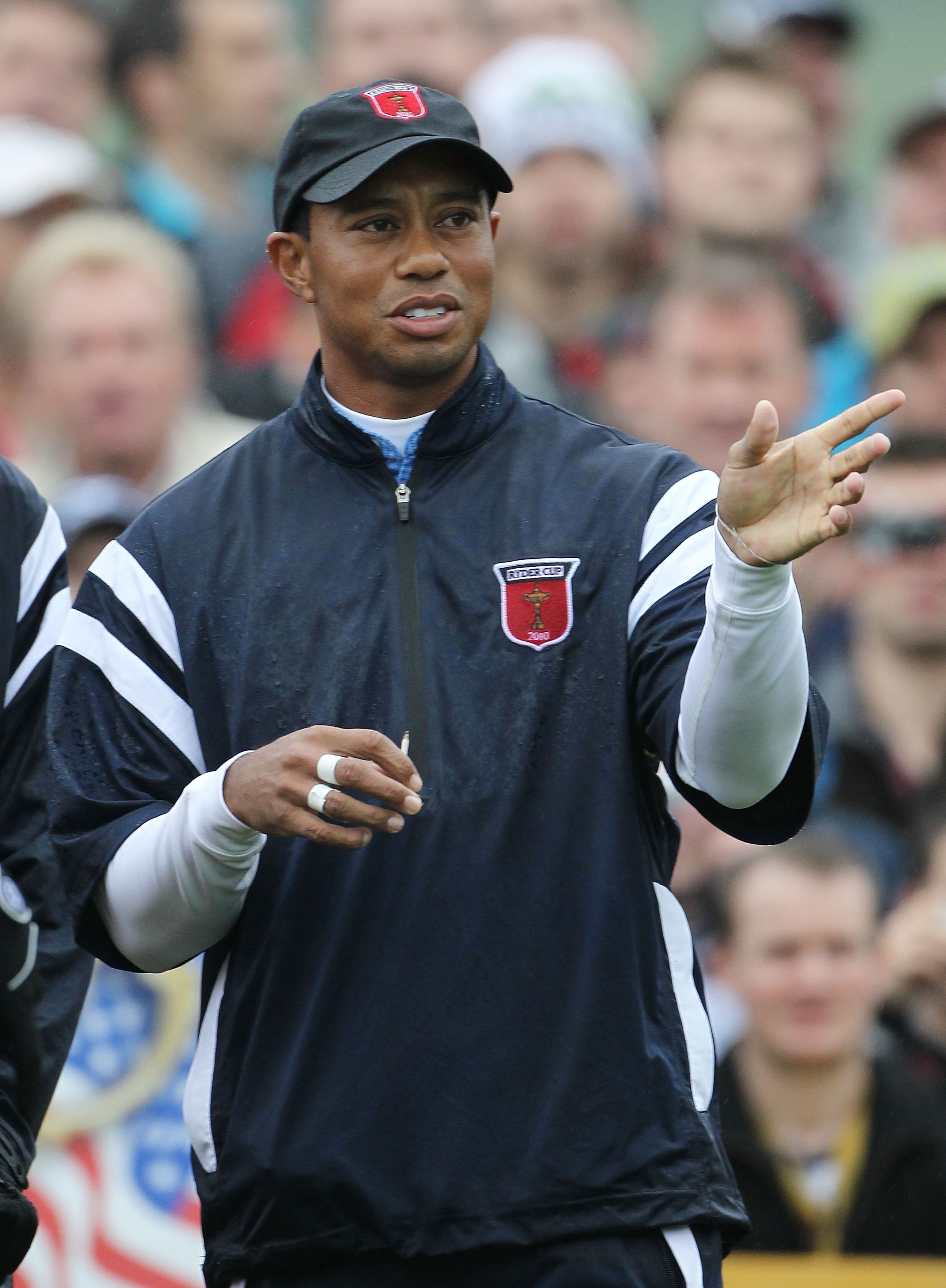 NEWPORT, WALES - SEPTEMBER 29:  Tiger Woods of the USA gestures during a practice round prior to the 2010 Ryder Cup at the Celtic Manor Resort on September 29, 2010 in Newport, Wales.  (Photo by Jamie Squire/Getty Images)