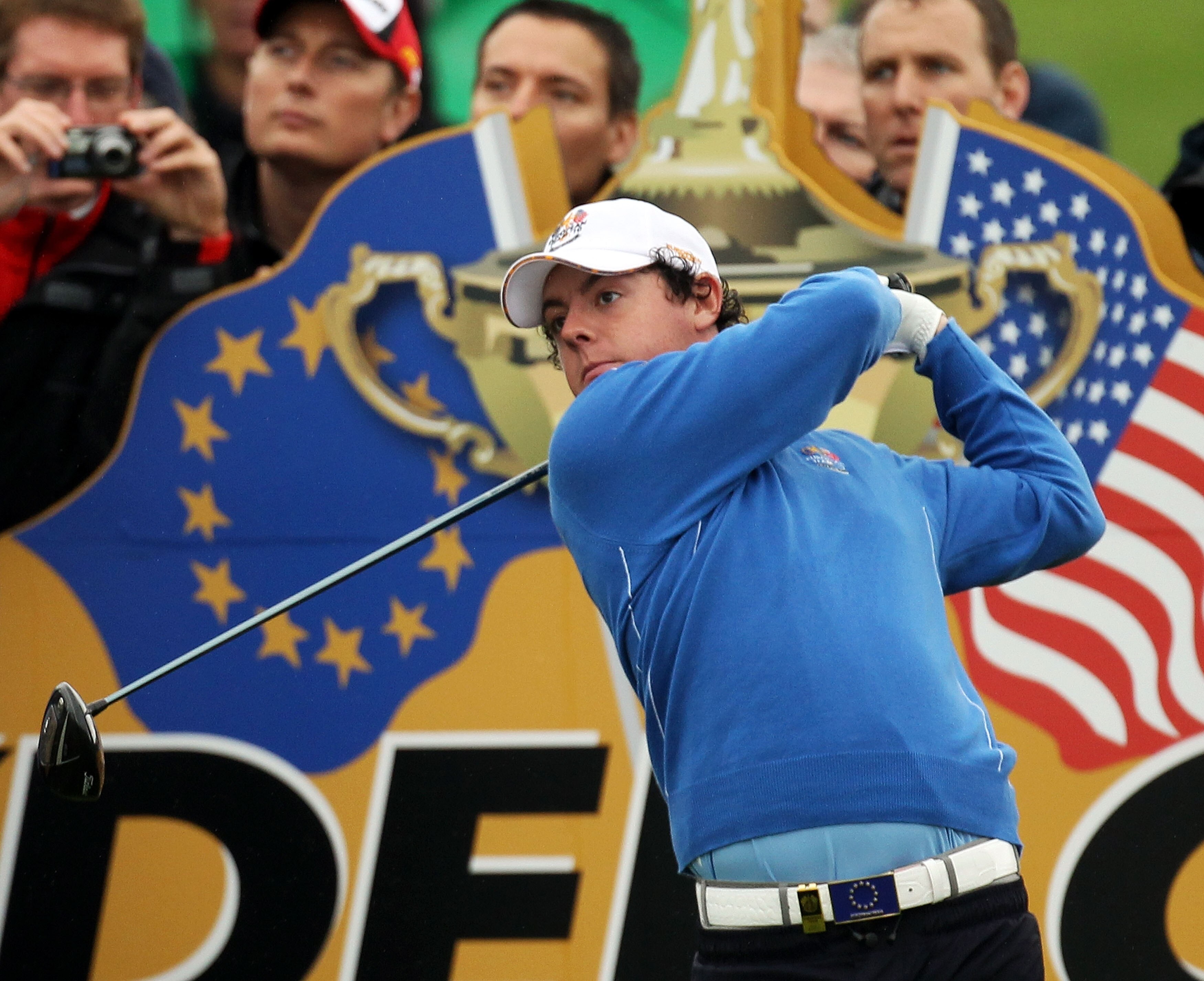 NEWPORT, WALES - SEPTEMBER 29:  Rory McIlroy  of Europe tees off during a practice round prior to the 2010 Ryder Cup at the Celtic Manor Resort on September 29, 2010 in Newport, Wales.  (Photo by Ross Kinnaird/Getty Images)