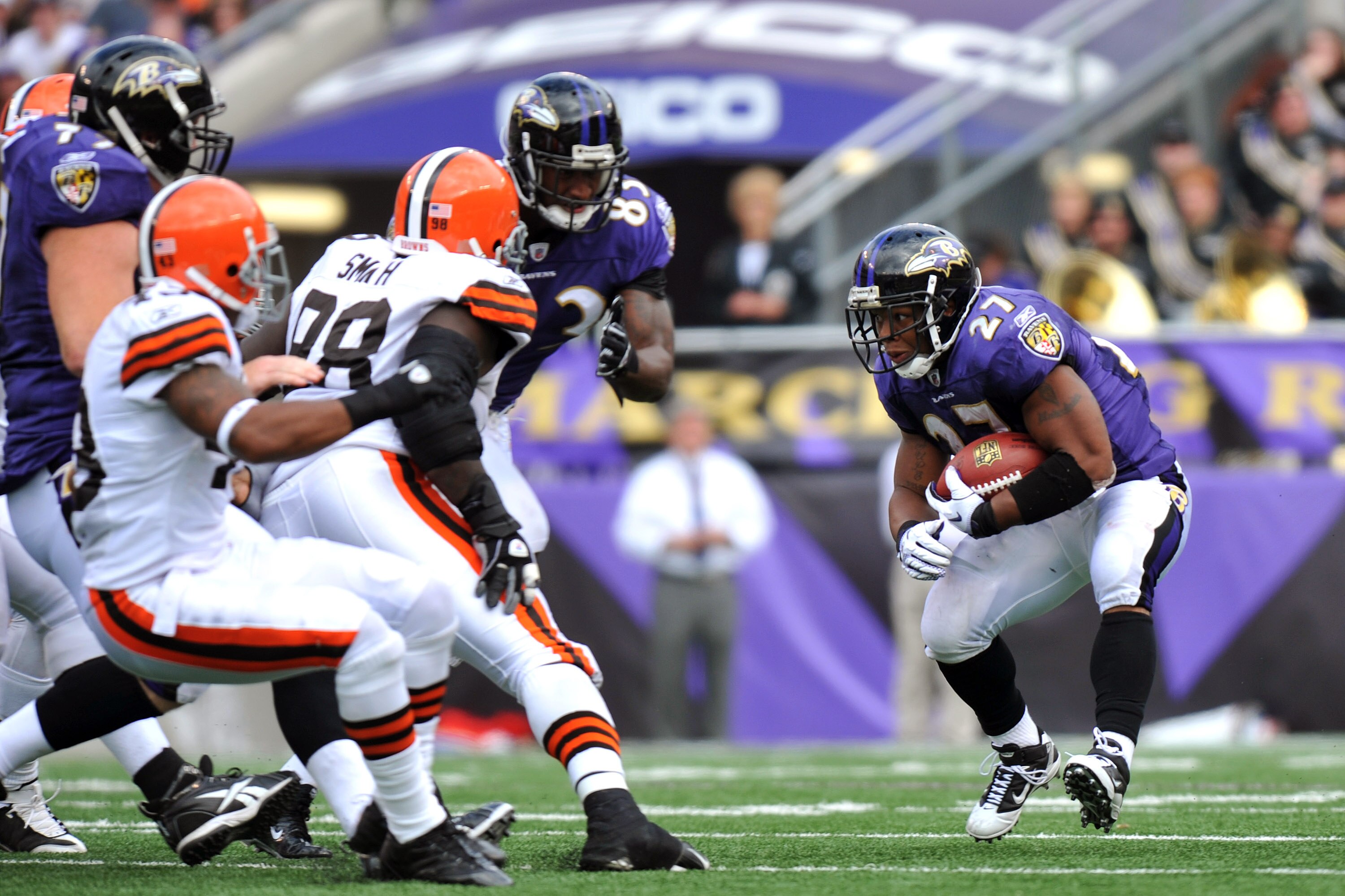 BALTIMORE - SEPTEMBER 26: Ray Rice #27 of the Baltimore Ravens runs the ball against the Cleveland Browns at M&T Bank Stadium on September 26, 2010 in Baltimore, Maryland. The Ravens defeated the Browns 24-17. (Photo by Larry French/Getty Images) BALTIMORE - SEPTEMBER 26: Ray Rice #27 of the Baltimore Ravens runs the ball against the Cleveland Browns at M&T Bank Stadium on September 26, 2010 in Baltimore, Maryland. The Ravens defeated the Browns 24-17. (Photo by Larry French/Getty Images)