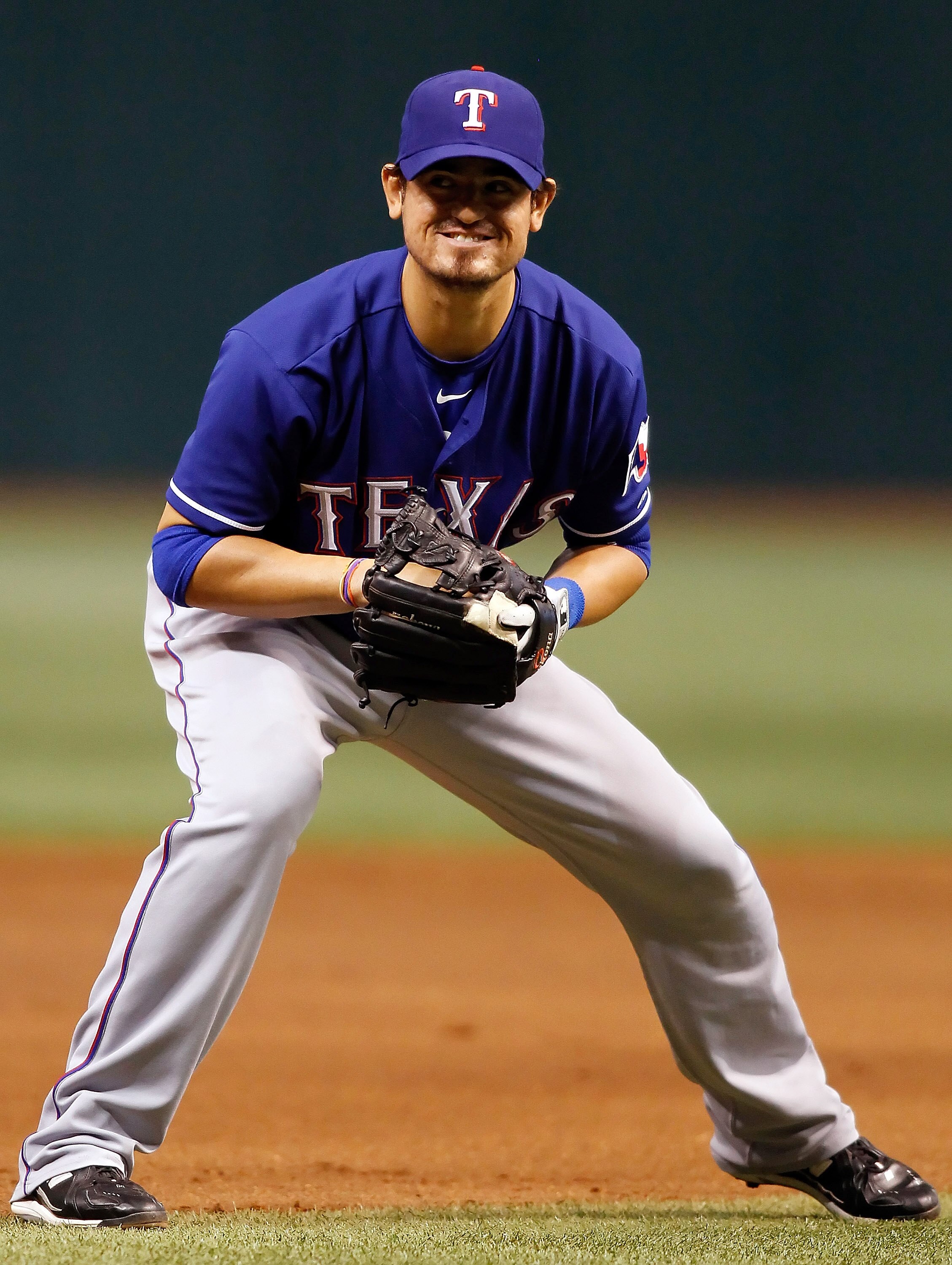 ST. PETERSBURG - AUGUST 17:  Infielder Jorge Cantu #8 of the Texas Rangers smiles against the Tampa Bay Rays during the game at Tropicana Field on August 17, 2010 in St. Petersburg, Florida.  (Photo by J. Meric/Getty Images)