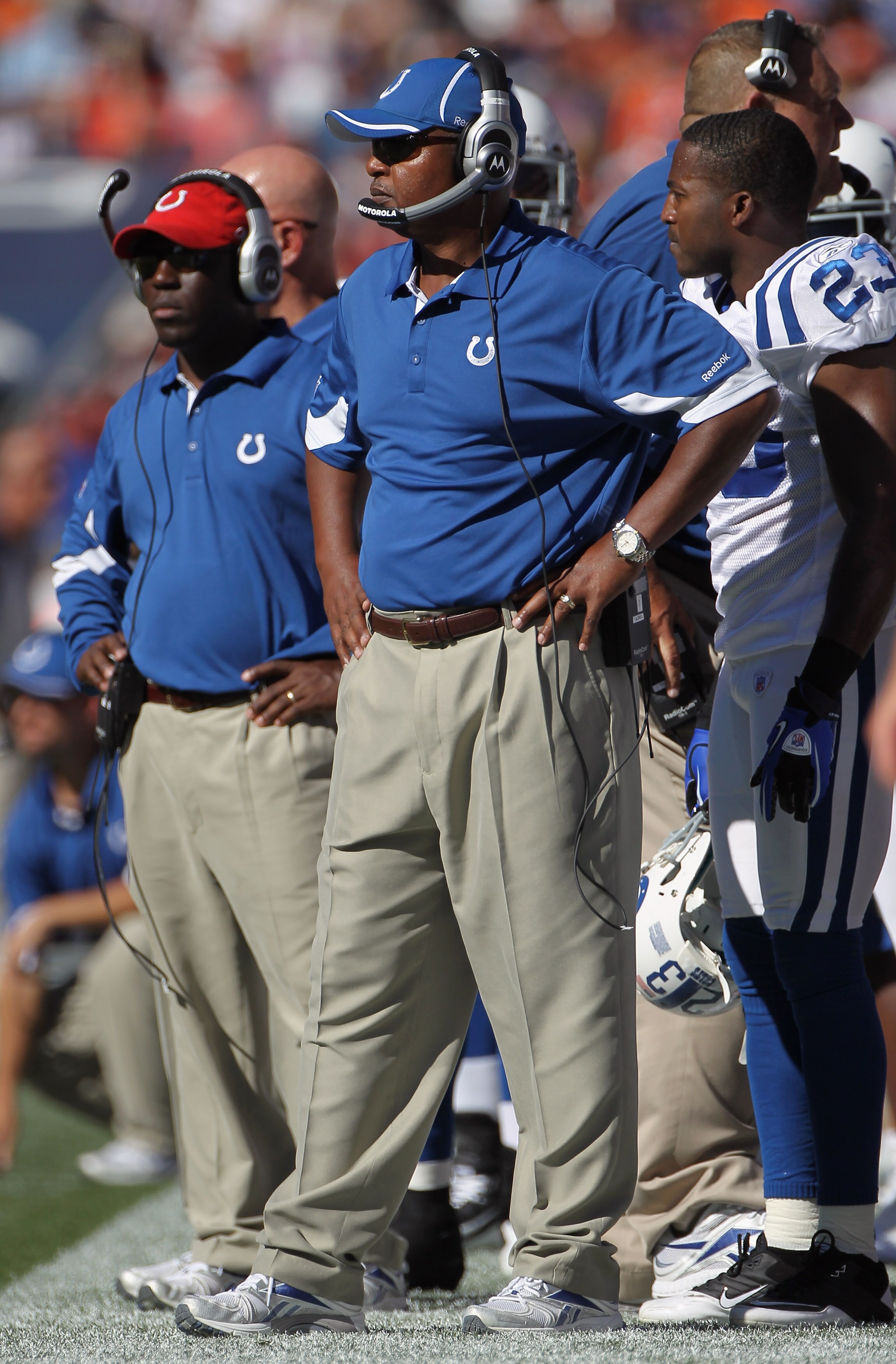 DENVER - SEPTEMBER 26:  Head coach Jim Caldwell of the Indianapolis Colts leads his team against the Denver Broncos at INVESCO Field at Mile High on September 26, 2010 in Denver, Colorado.  (Photo by Doug Pensinger/Getty Images)