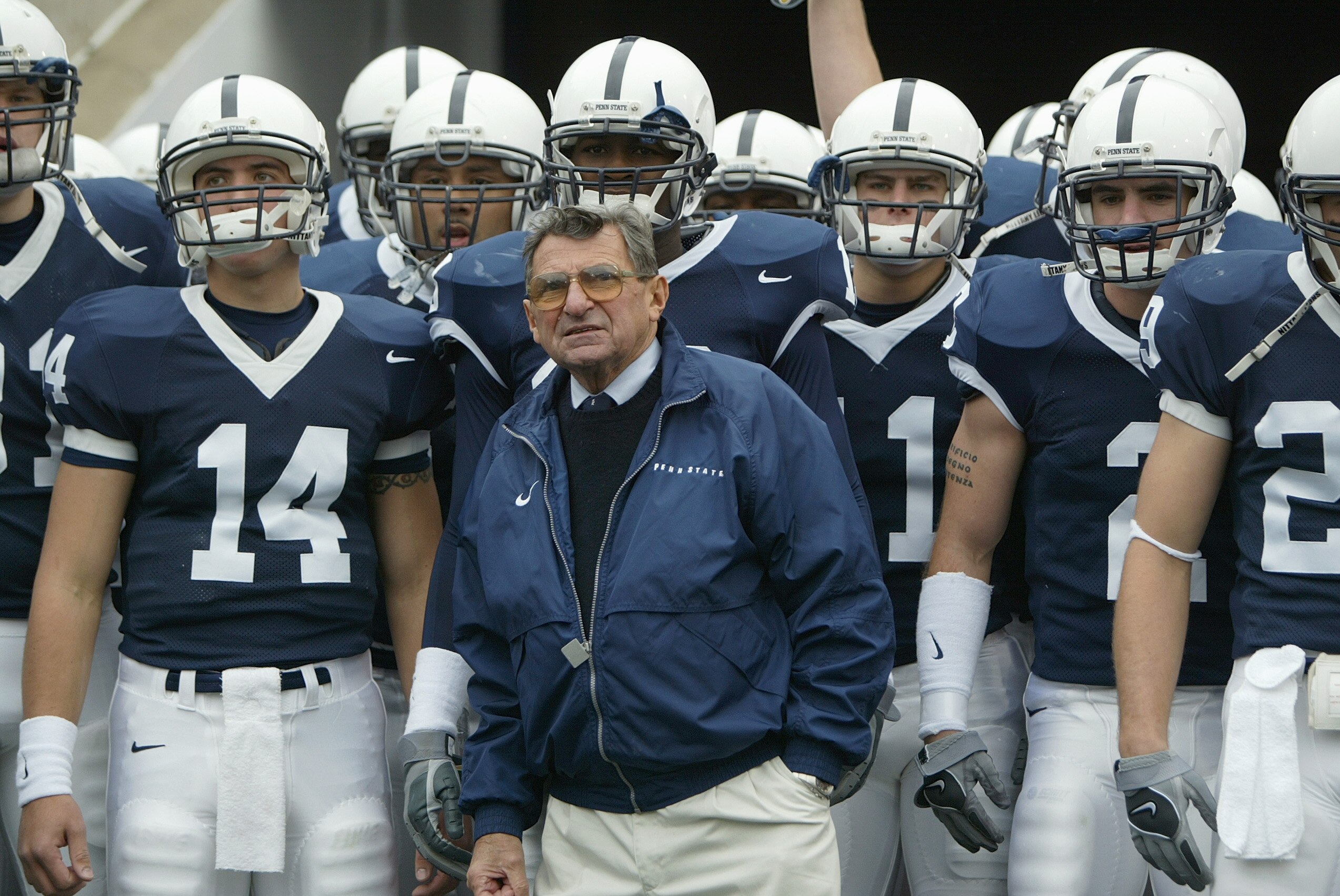 STATE COLLEGE, PA - OCTOBER 23:  Head coach Joe Paterno and the Penn State Nittany Lions look on before facing the Iowa Hawkeyes at Beaver Stadium on October 23, 2004 in State College, Pennsylvania.  The Hawkeyes defeated the Nittany Lions 6-4.  (Photo by