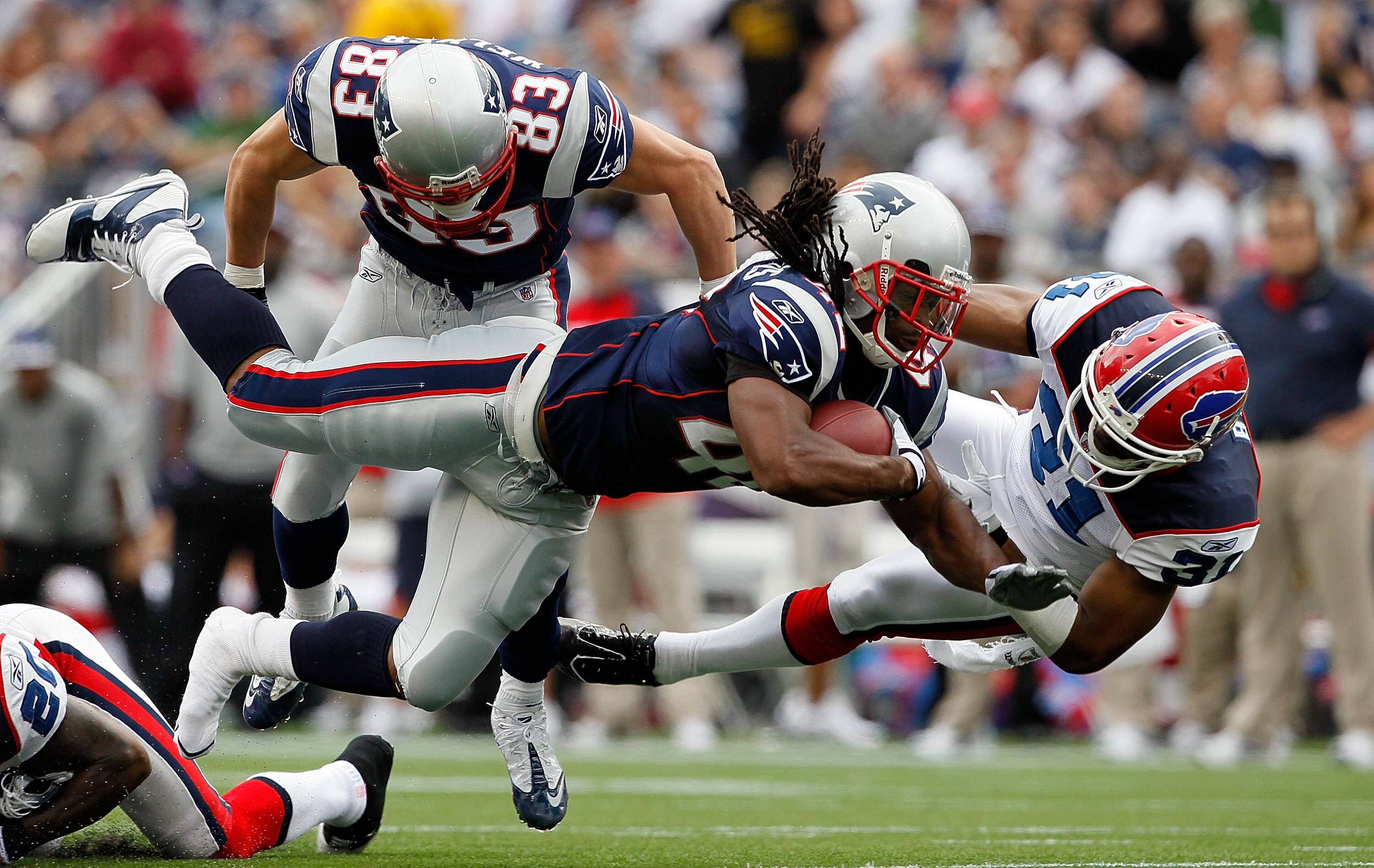 FOXBORO, MA - SEPTEMBER 26:  BenJarvus Green-Ellis #42 of the New England Patriots gains yardage against the defense of Jairus Byrd #31 of the Buffalo Bills at Gillette Stadium on September 26, 2010 in Foxboro, Massachusetts. (Photo by Jim Rogash/Getty Im