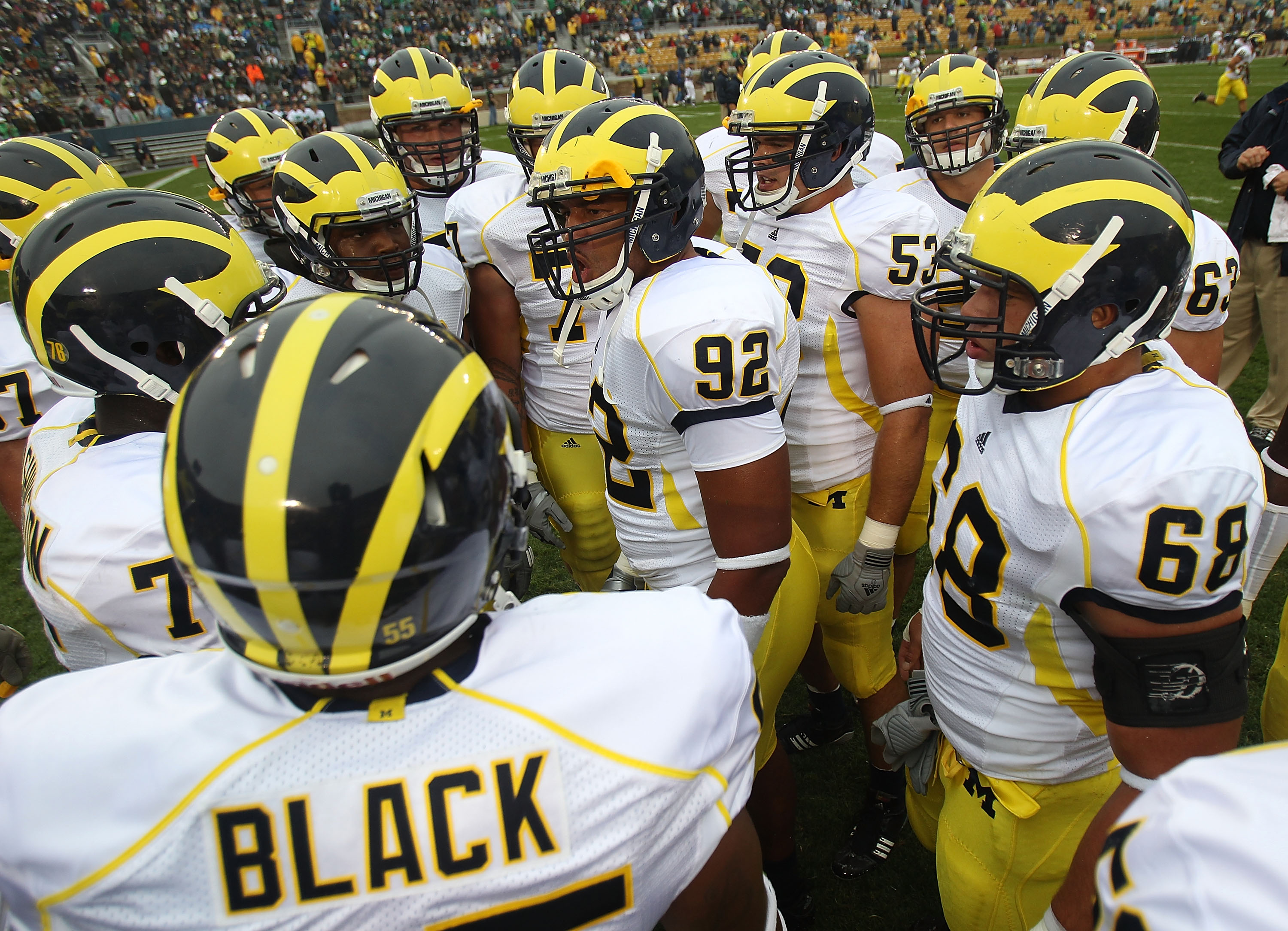 SOUTH BEND, IN - SEPTEMBER 11: Greg Banks #92 of the Michigan Wolverines fires up his teammates during warm-ups before a game against the Notre Dame Fighting Irish at Notre Dame Stadium on September 11, 2010 in South Bend, Indiana. Michigan defeated Notre SOUTH BEND, IN - SEPTEMBER 11: Greg Banks #92 of the Michigan Wolverines fires up his teammates during warm-ups before a game against the Notre Dame Fighting Irish at Notre Dame Stadium on September 11, 2010 in South Bend, Indiana. Michigan defeated Notre