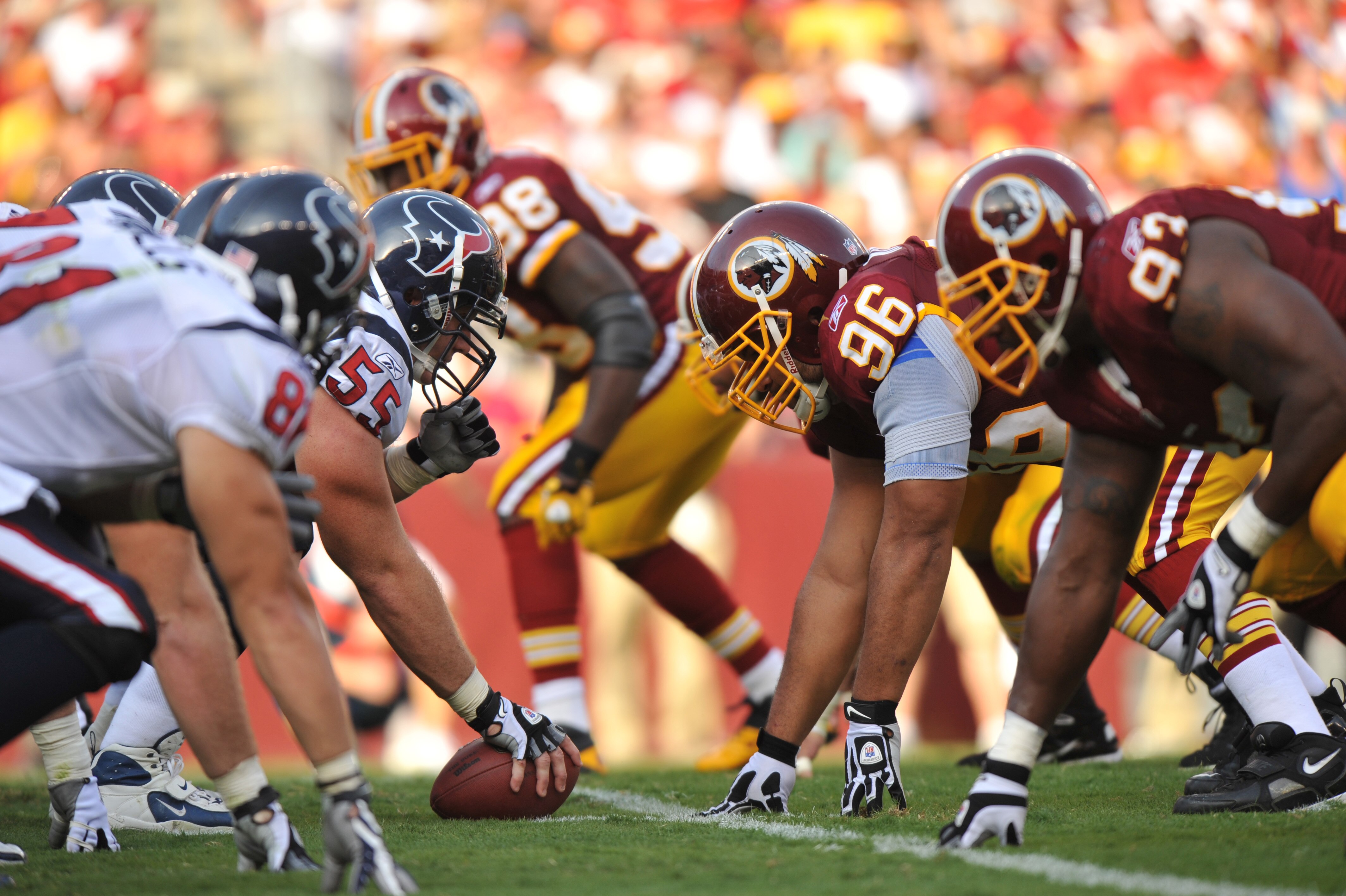 LANDOVER, MD - SEPTEMBER 19:  Chris Myers #55 of the Houston Texans prepares to snap the ball against the Washington Redskins at FedExField on September 19, 2010 in Landover, Maryland. The Texans defeated the Redskins in overtime 30-27. (Photo by Larry Fr