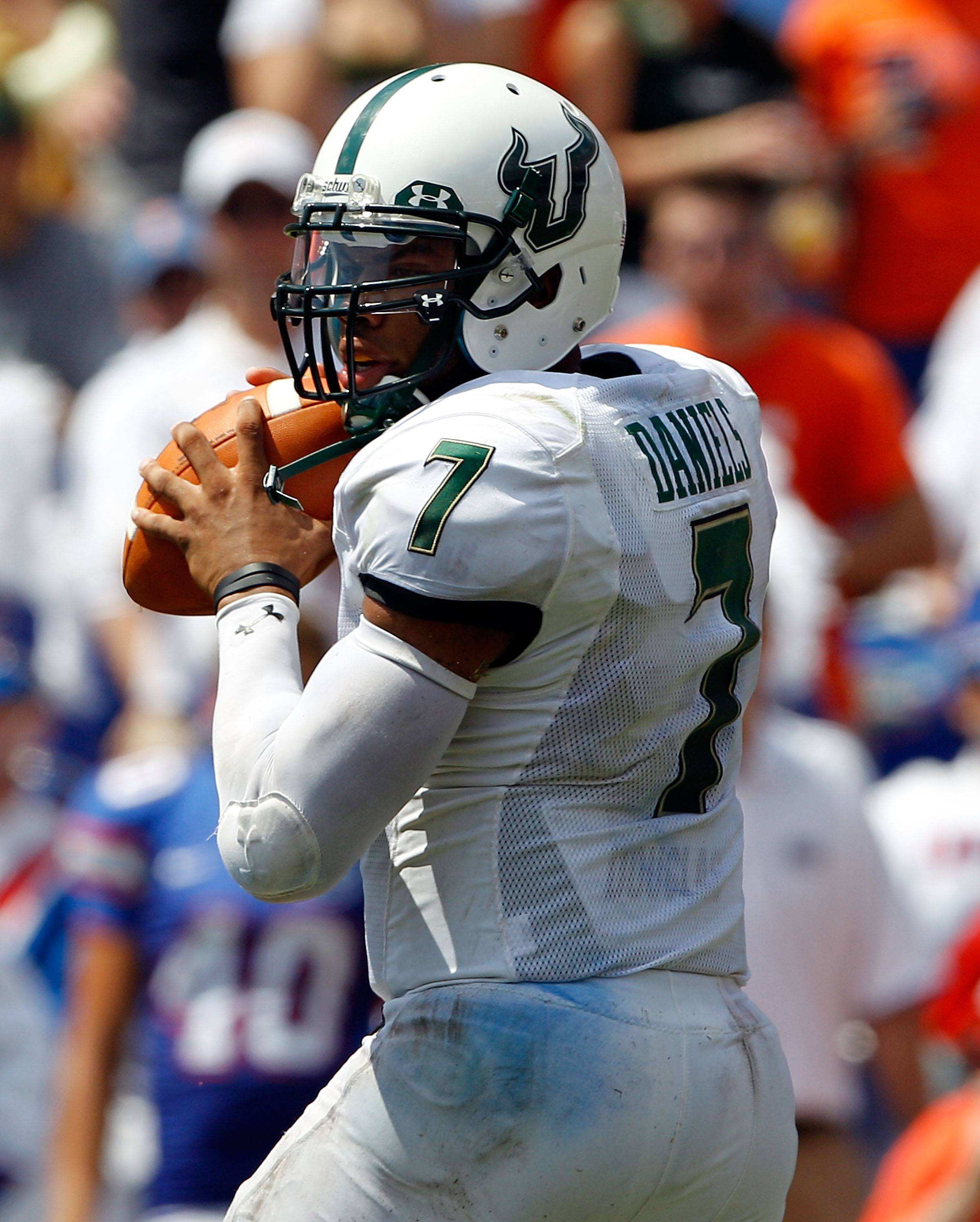 GAINESVILLE, FL - SEPTEMBER 11:  Quarterback B.J. Daniels #7 of the South Florida Bulls attempts a pass during a game against the Florida Gators at Ben Hill Griffin Stadium on September 11, 2010 in Gainesville, Florida.  (Photo by Sam Greenwood/Getty Imag