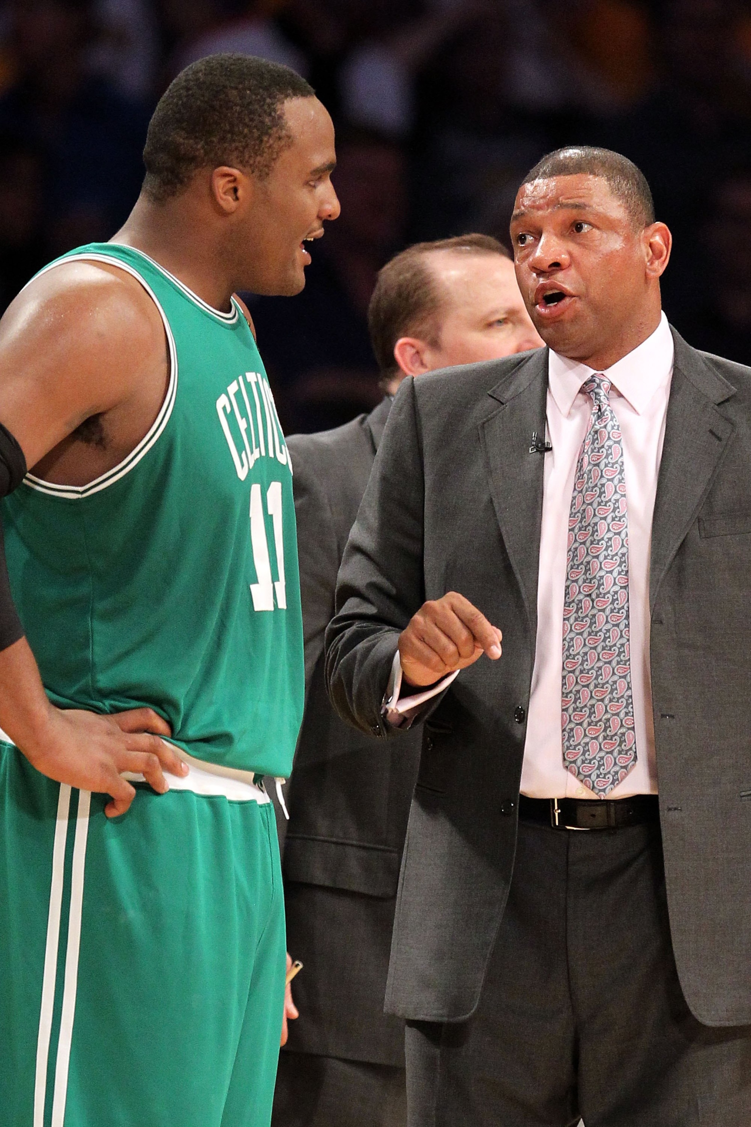 LOS ANGELES, CA - JUNE 17:  Head coach Doc Rivers of the Boston Celtics talks with Glen Davis #11 while taking on the Los Angeles Lakers in Game Seven of the 2010 NBA Finals at Staples Center on June 17, 2010 in Los Angeles, California.  NOTE TO USER: Use