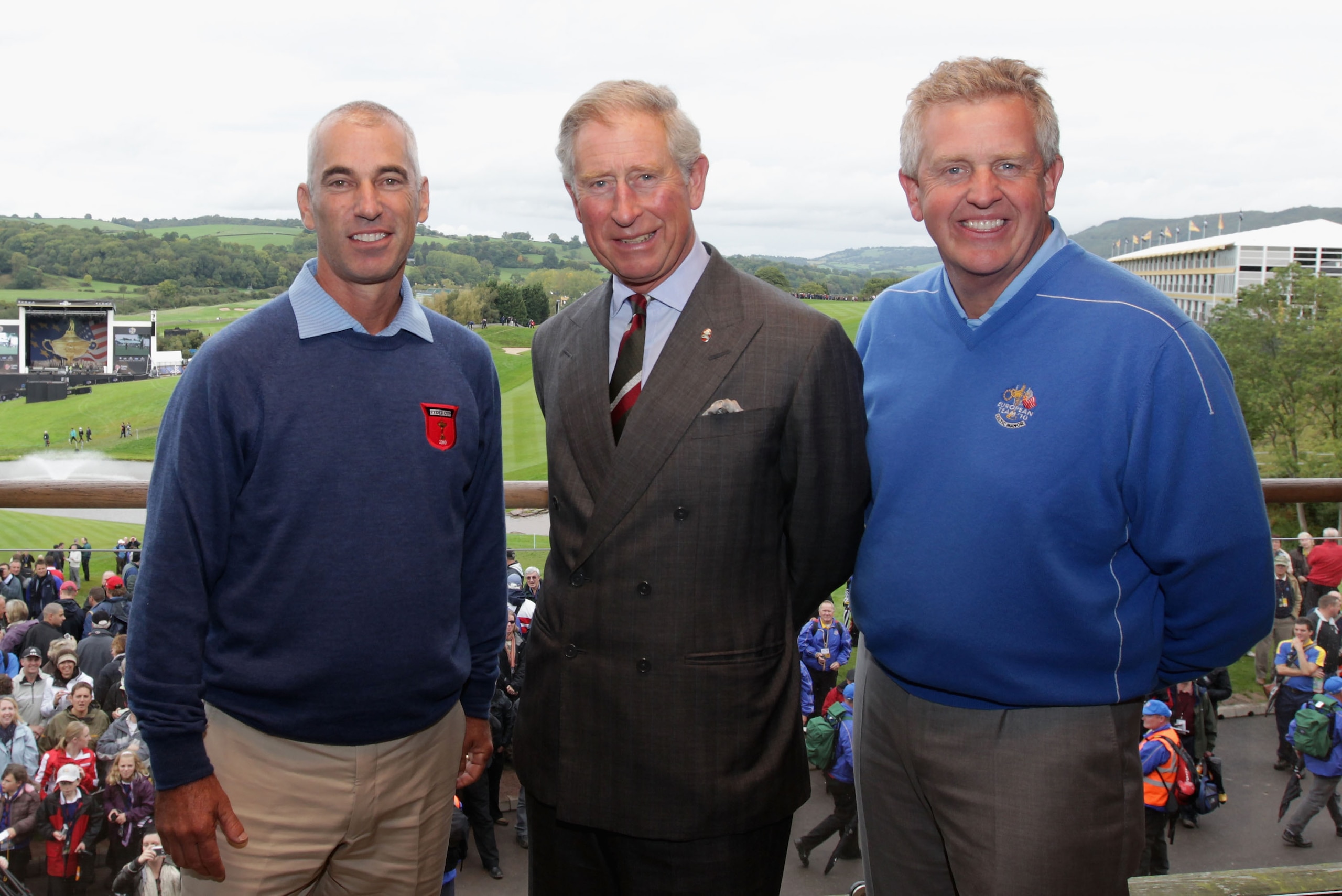 NEWPORT, WALES - SEPTEMBER 29:  (L-R) USA Team Captain Corey Pavin, Prince Charles, The Prince of Wales and Europe team captain Colin Montgomerie prior to the 2010 Ryder Cup at the Celtic Manor Resort on September 29, 2010 in Newport, Wales. (Photo by And