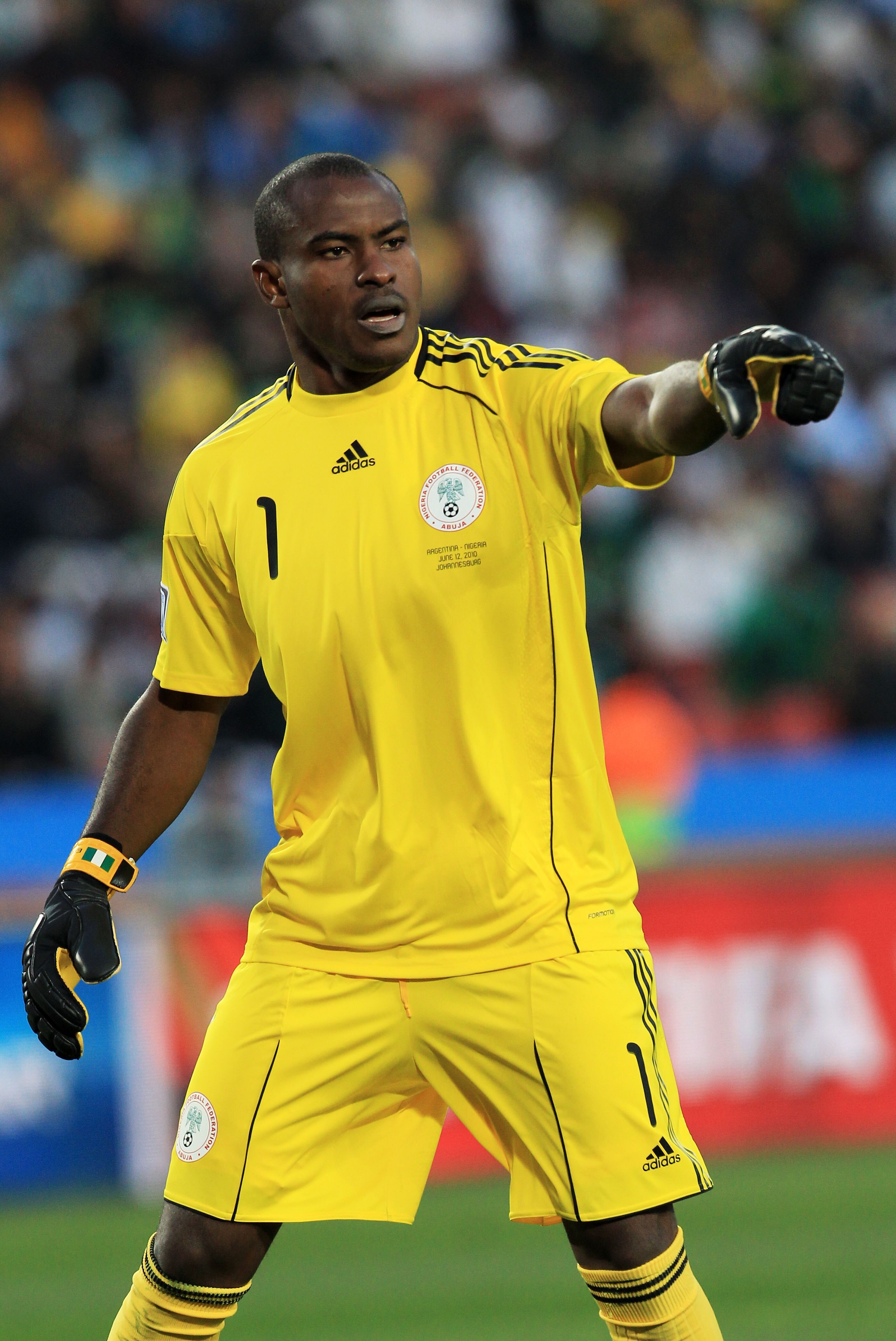 JOHANNESBURG, SOUTH AFRICA - JUNE 12: Vincent Enyeama of Nigeria gestures during the 2010 FIFA World Cup South Africa Group B match between Argentina and Nigeria at Ellis Park Stadium on June 12, 2010 in Johannesburg, South Africa.  (Photo by David Cannon