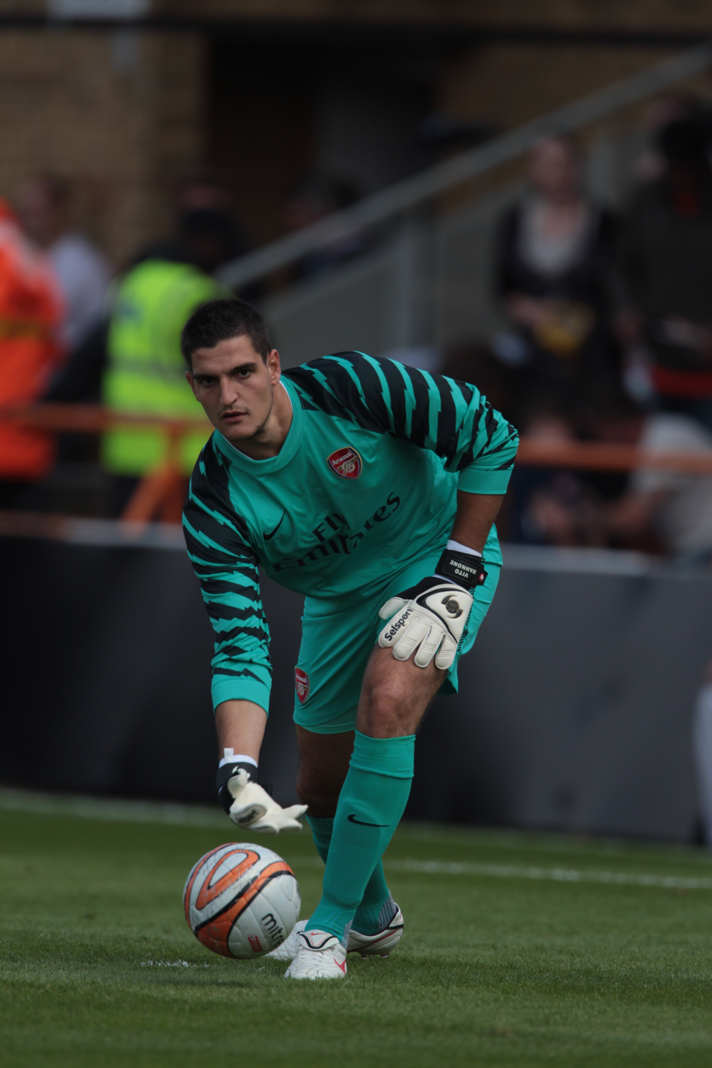 LONDON, ENGLAND - JULY 17: Vito Mannone of Arsenal in action during the pre-season friendly match between Barnet and Arsenal at Underhill on July 17, 2010 in London, England. (Photo by Phil Cole/Getty Images)