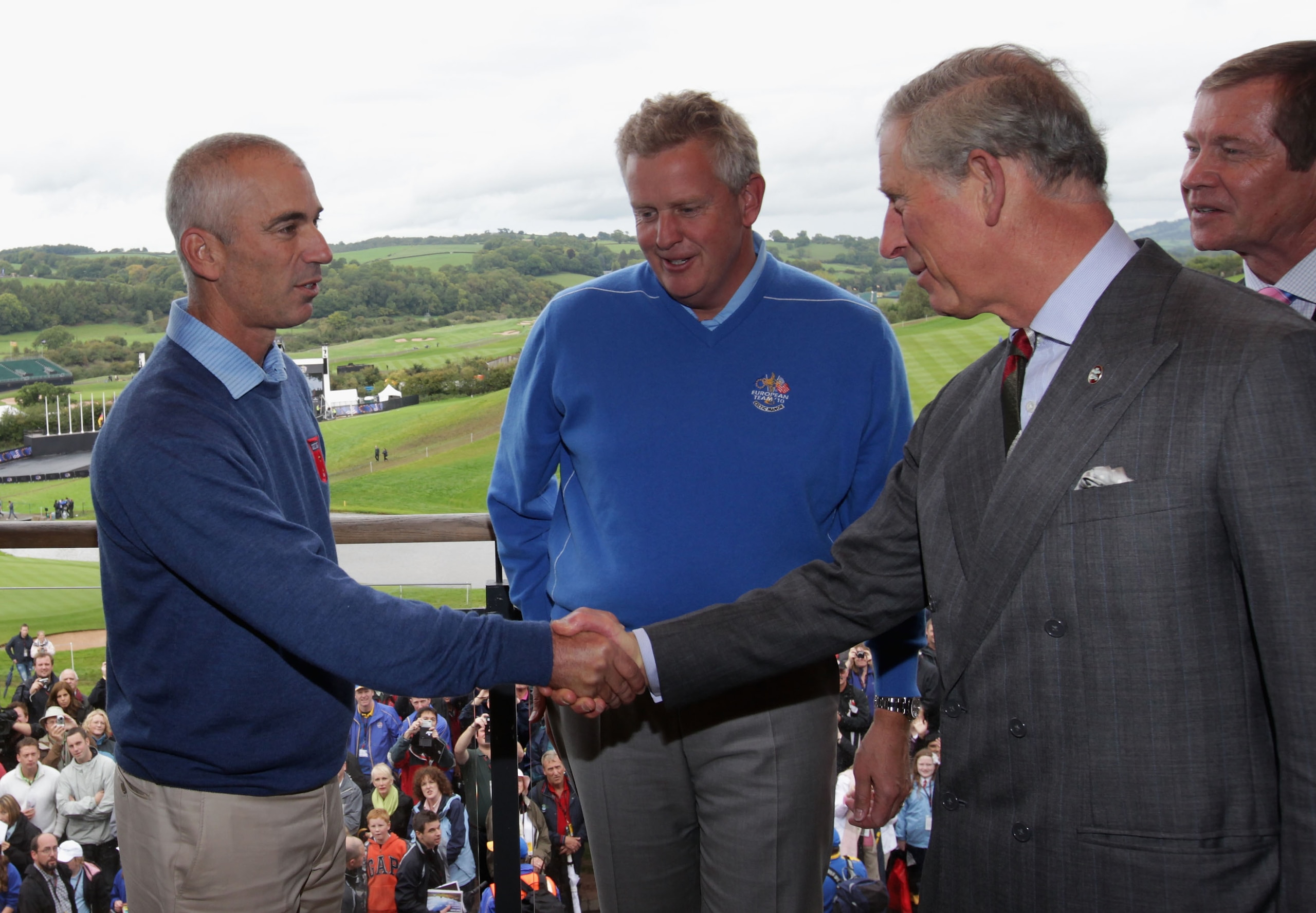 NEWPORT, WALES - SEPTEMBER 29: Prince Charles, The Prince of Wales (R) meets USA Team Captain Corey Pavin (L) and Europe team captain Colin Montgomerie prior to the 2010 Ryder Cup at the Celtic Manor Resort on September 29, 2010 in Newport, Wales. (Phot NEWPORT, WALES - SEPTEMBER 29: Prince Charles, The Prince of Wales (R) meets USA Team Captain Corey Pavin (L) and Europe team captain Colin Montgomerie prior to the 2010 Ryder Cup at the Celtic Manor Resort on September 29, 2010 in Newport, Wales. (Phot