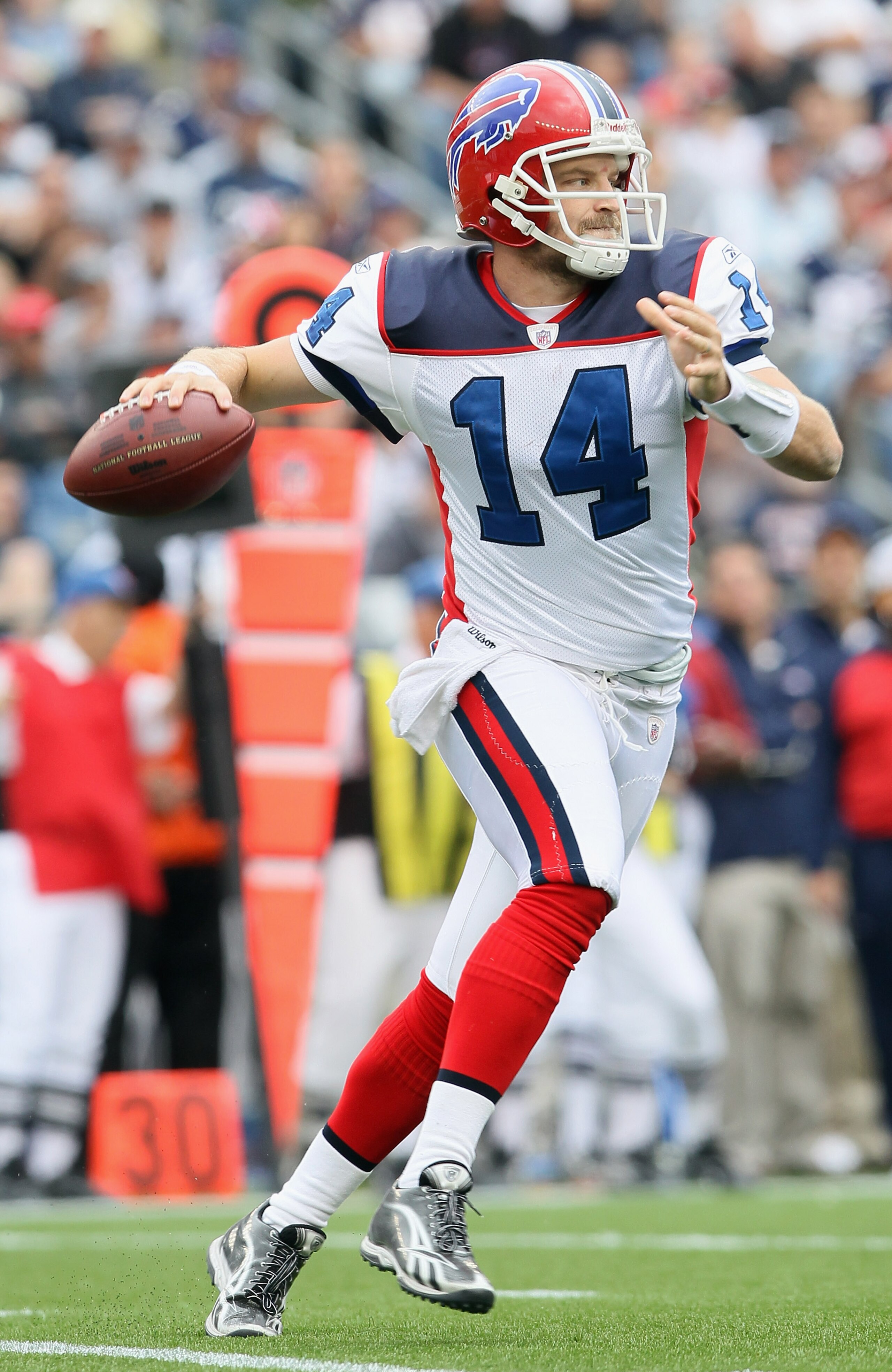 FOXBORO, MA - SEPTEMBER 26:  Ryan Fitzpatrick #14 of the Buffalo Bills looks to pass in the second half against the New England Patriots during on September 26, 2010 at Gillette Stadium in Foxboro, Massachusetts. The Patriots defeated the Bills 38-30.  (P