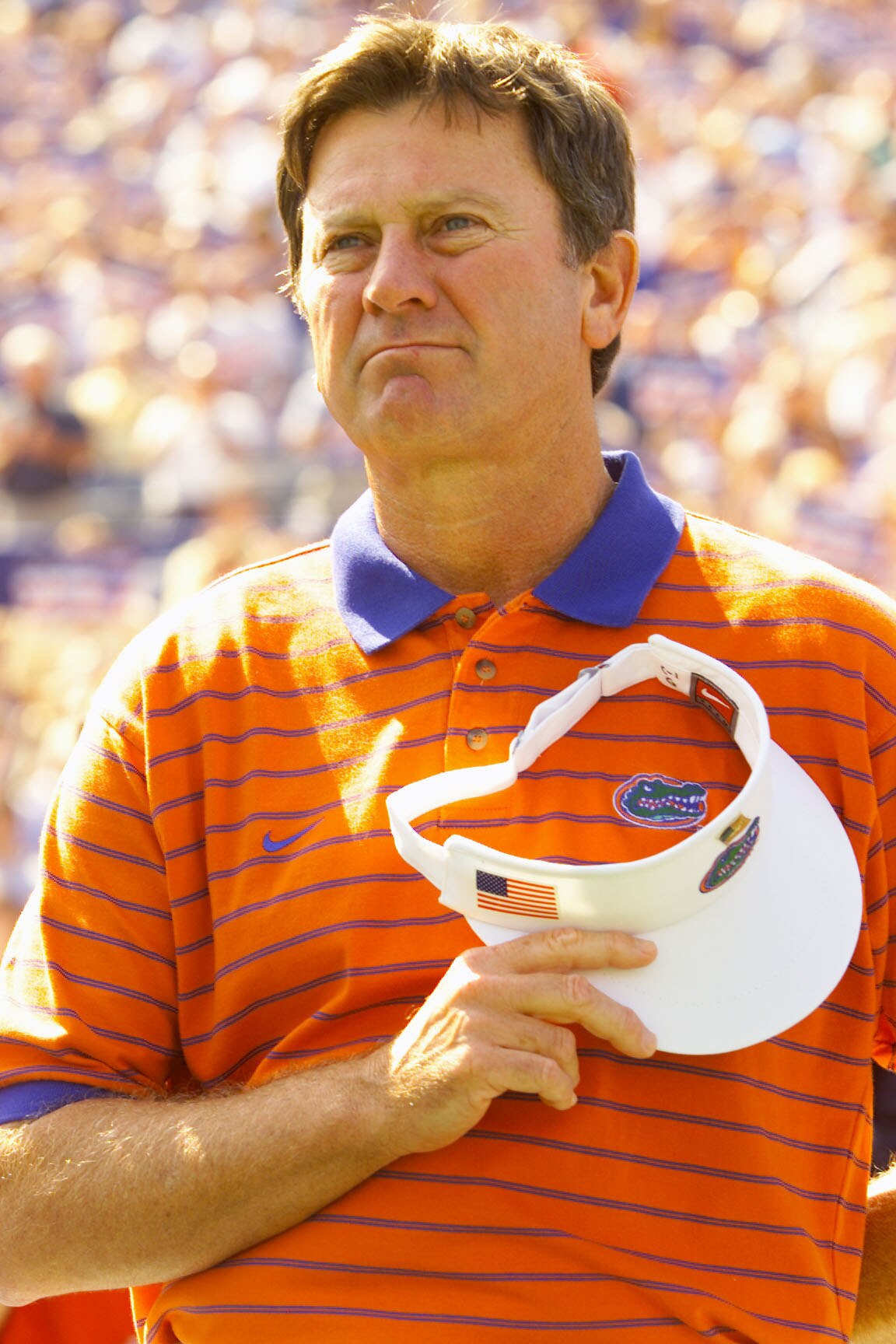 22 Sep 2001:  Florida head coach Steve Spurrier during the national anthem before the game against Kentucky at Commonwealth Stadium in Lexington, Kentucky. Florida beat Kentucky 44-10. DIGITAL IMAGE. Mandatory Credit : Brian Bahr/Allsport