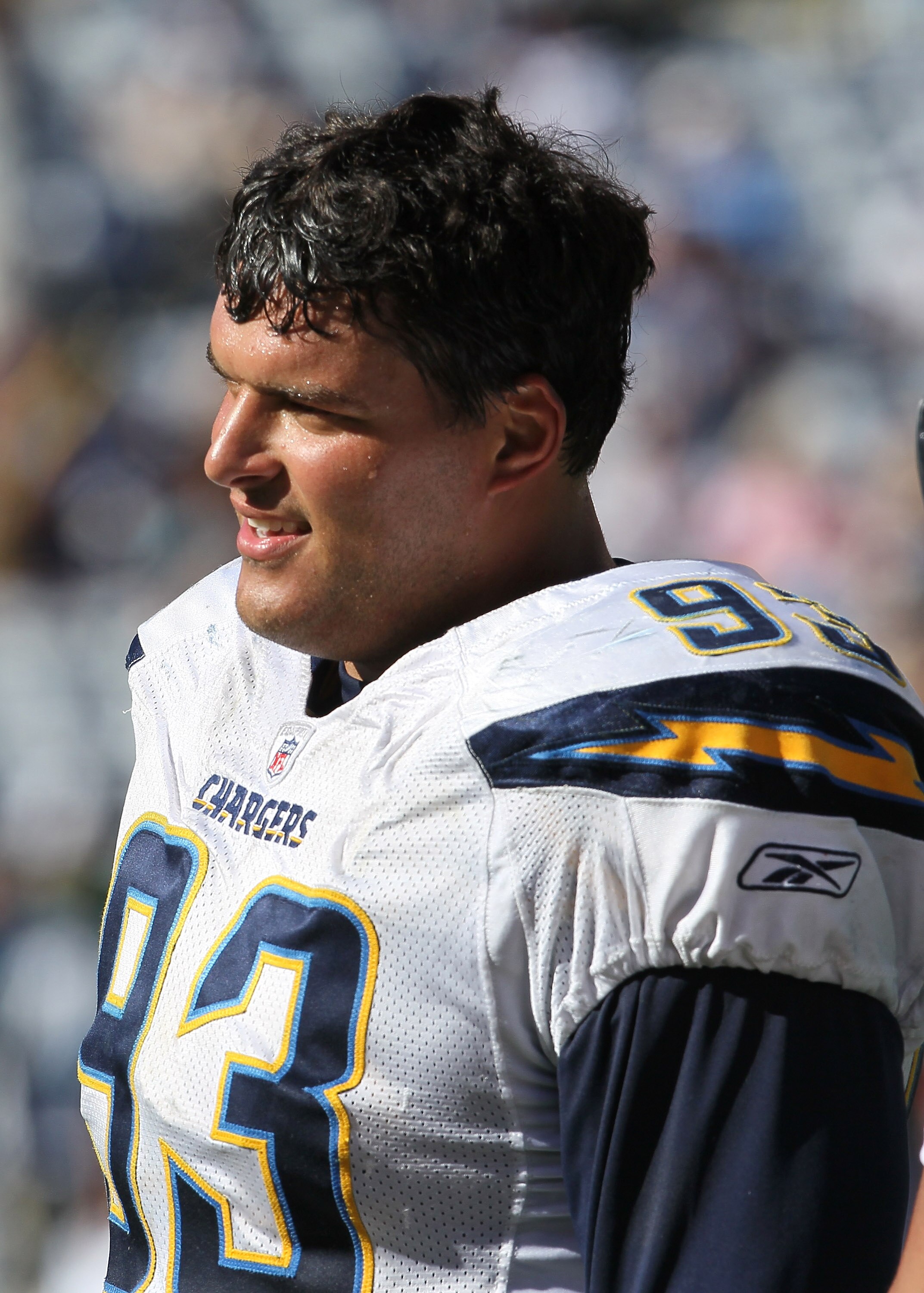 SAN DIEGO - SEPTEMBER 19:  Defensive end Luis Castillo #93 of the San Diego Chargers smiles in the game with the Jacksonville Jaguars at Qualcomm Stadium on September 19, 2010 in San Diego, California.   The Chargers won 38-13.  (Photo by Stephen Dunn/Get