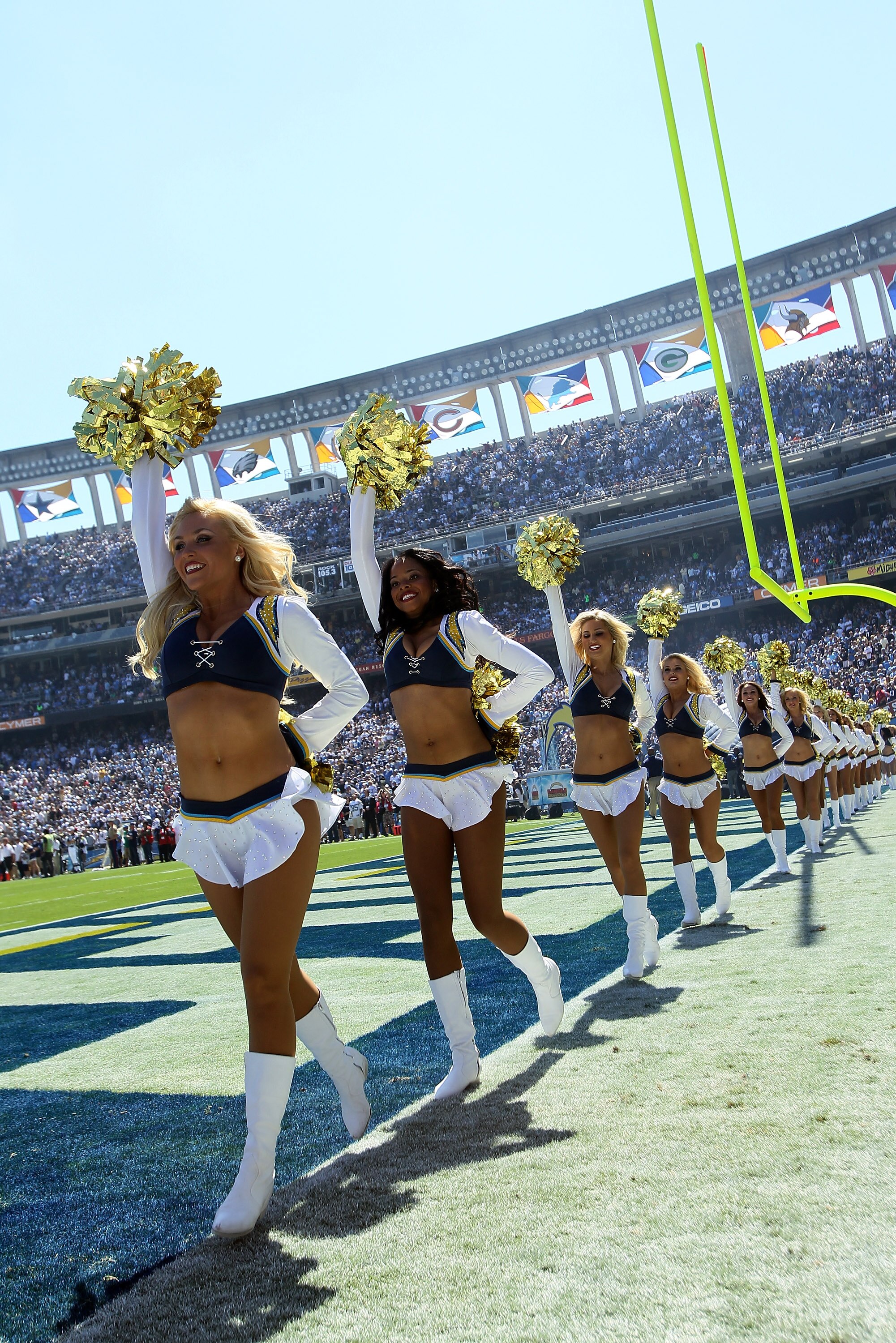 SAN DIEGO - SEPTEMBER 19:  The Charger Girls perform before the game between the Jacksonville Jaguars and the San Diego Chargers at Qualcomm Stadium on September 19, 2010 in San Diego, California.  (Photo by Stephen Dunn/Getty Images)