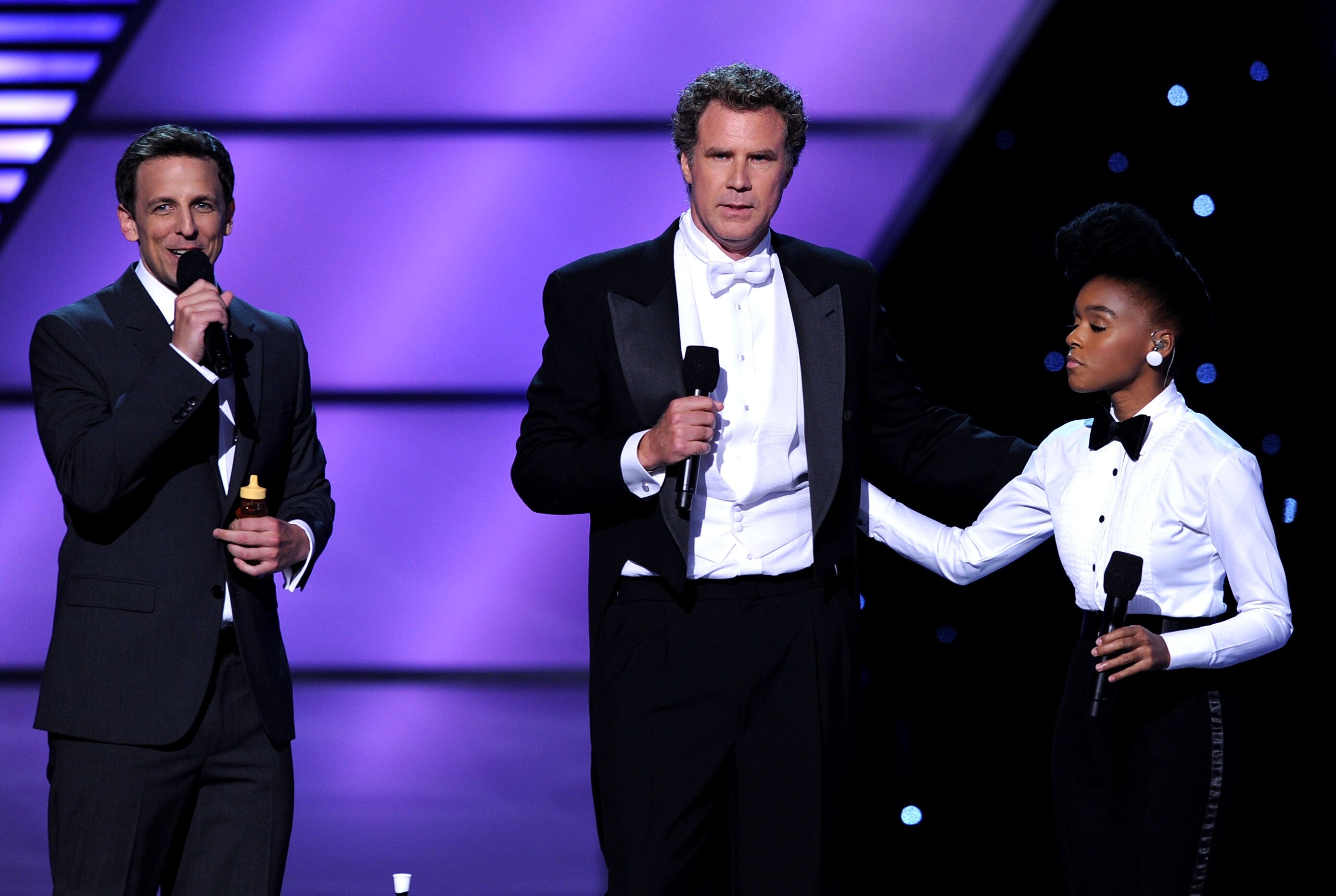 LOS ANGELES, CA - JULY 14:  (L-R) Host Seth Meyers, actor Will Ferrell and singer Janelle Monae perform onstage during the 2010 ESPY Awards at Nokia Theatre L.A. Live on July 14, 2010 in Los Angeles, California.  (Photo by Kevin Winter/Getty Images)
